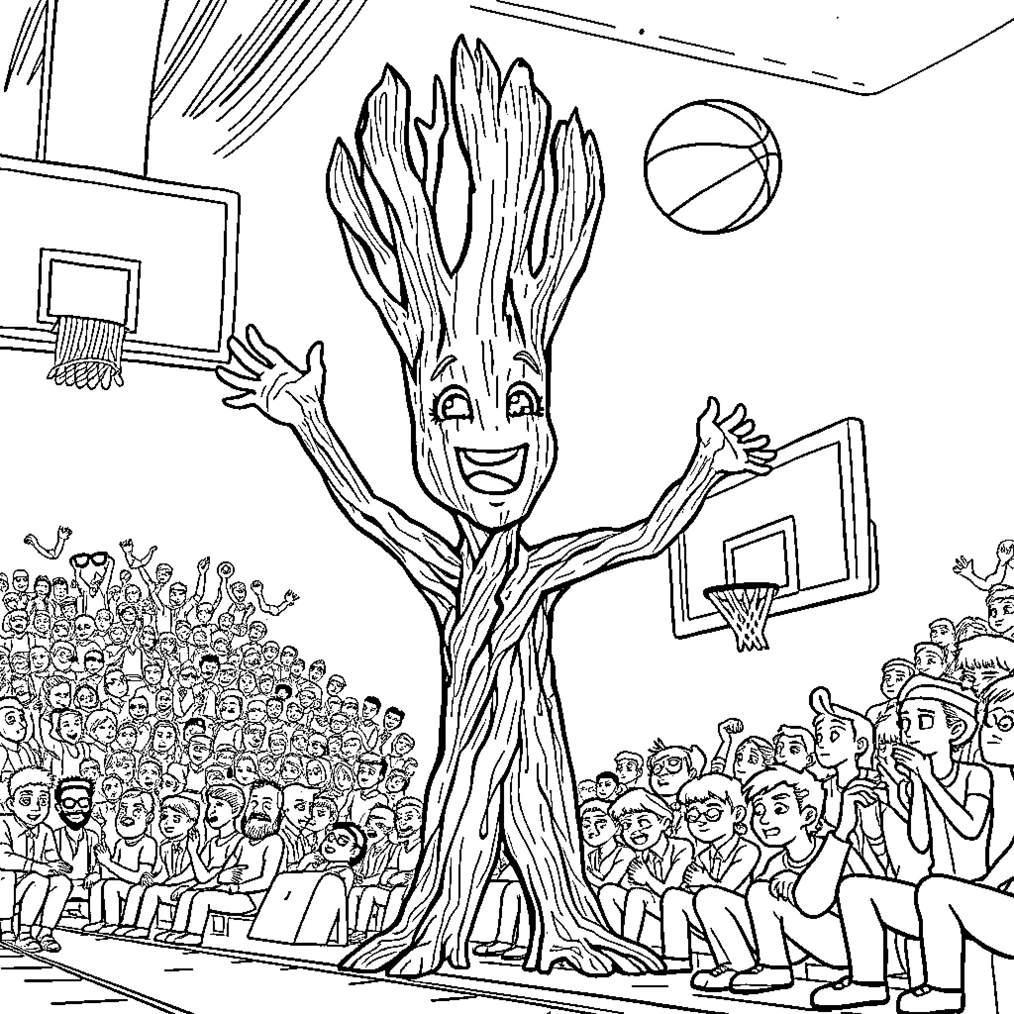 Groot playing basketball with a crowd Coloring Page (free black-and-white line drawing printable PDF for all, from beginners to advanced learners, including children, teens, adults, and seniors)