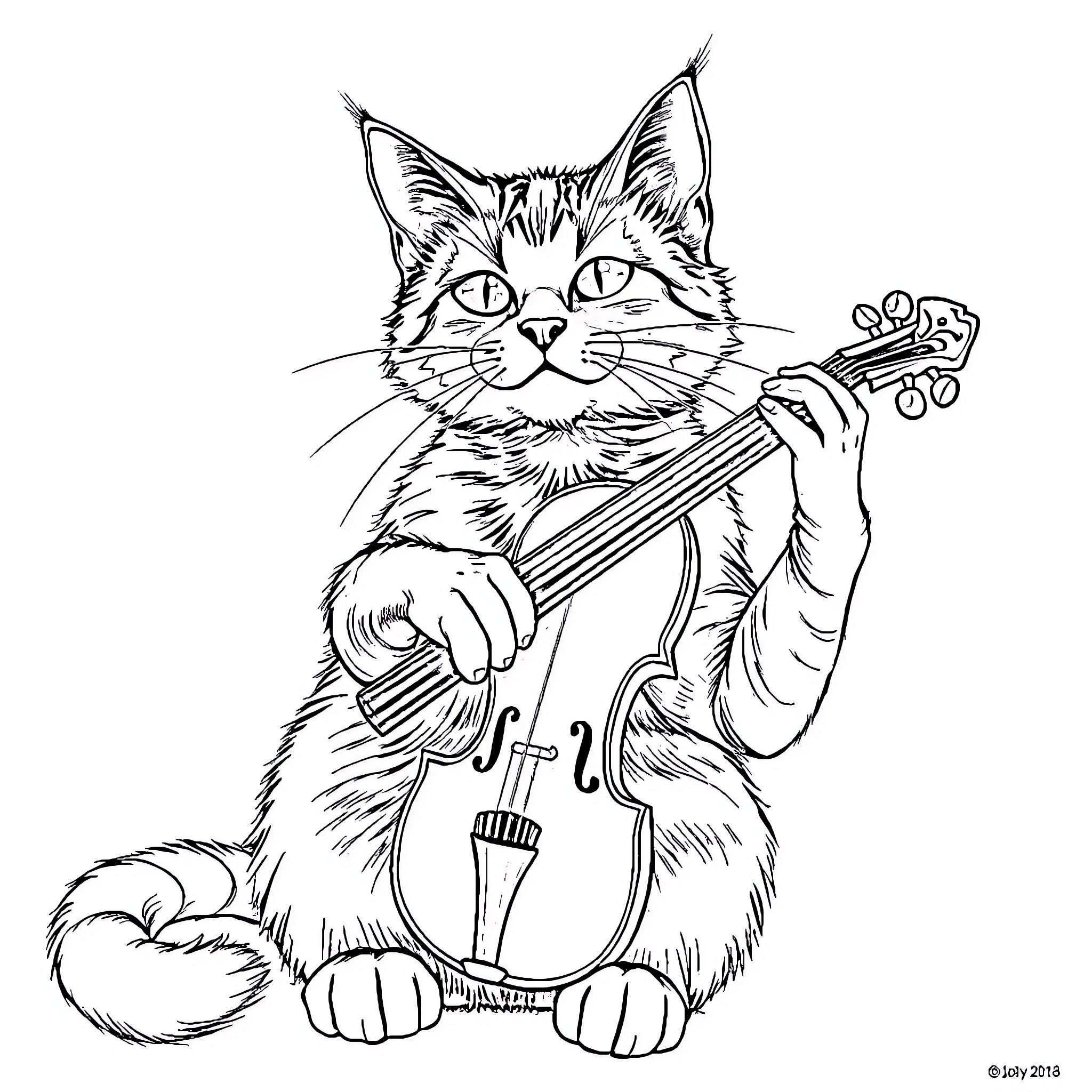 Tabaxi musician playing a violin Coloring Page (free black-and-white line drawing printable PDF for all, from beginners to advanced learners, including children, teens, adults, and seniors)