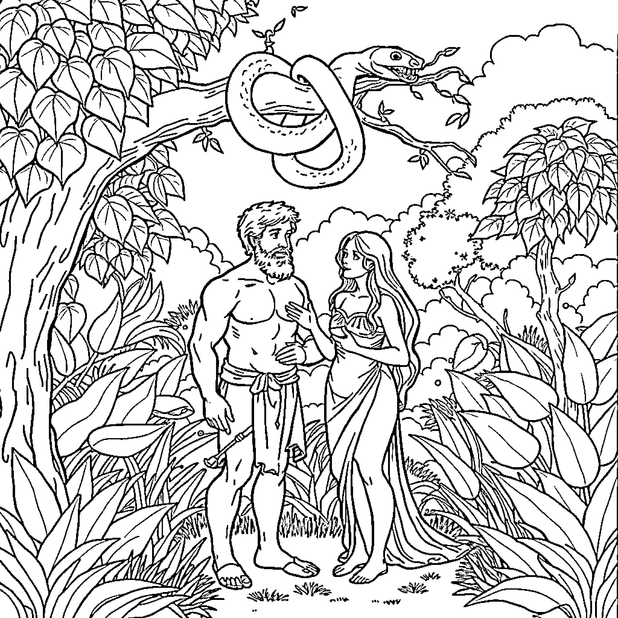 Adam and Eve in the Garden of Eden Coloring Page (free black-and-white line drawing printable PDF for all, from beginners to advanced learners, including children, teens, adults, and seniors)
