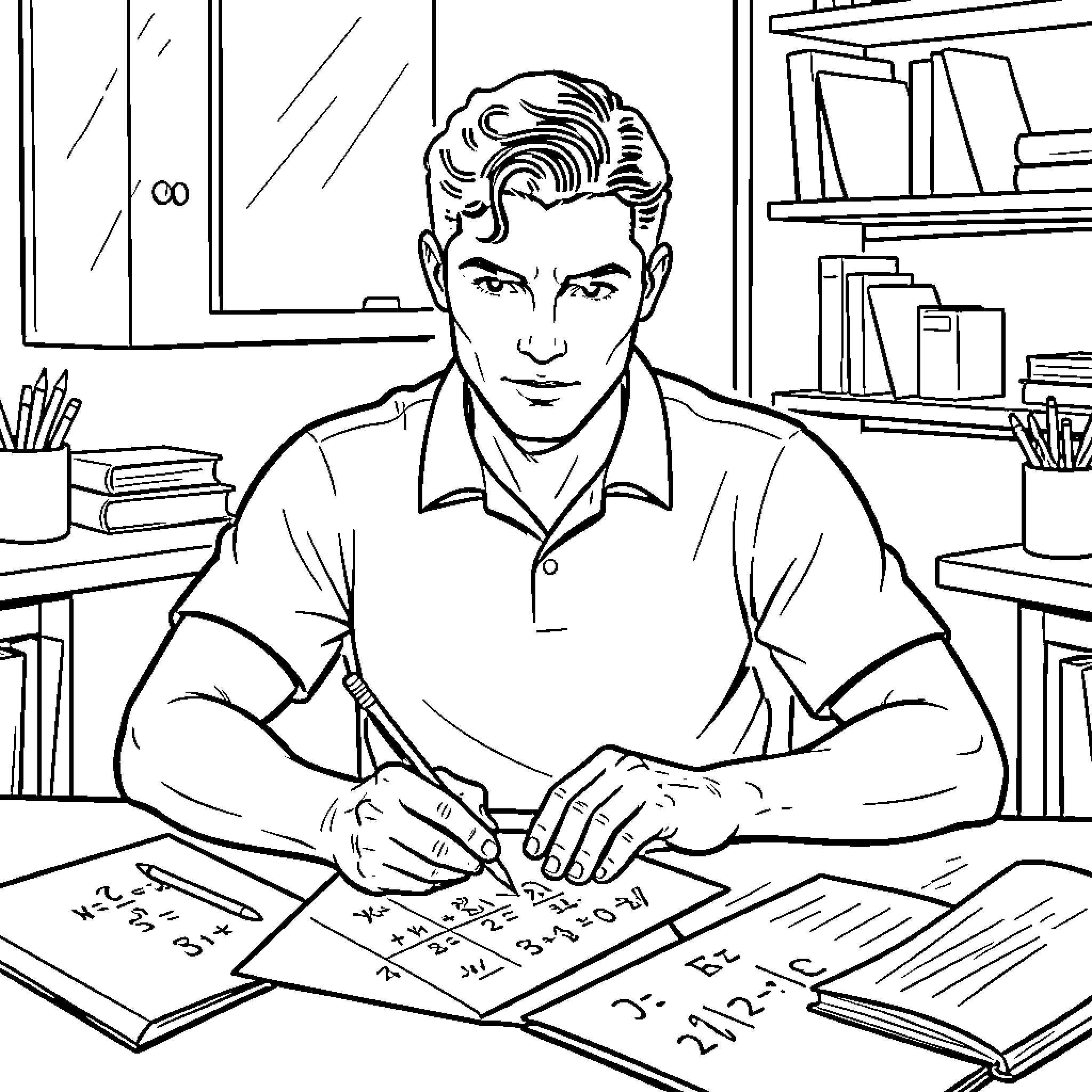 Ronaldo concentrating while solving math problems at a desk Coloring Page (free black-and-white line drawing printable PDF for all, from beginners to advanced learners, including children, teens, adults, and seniors)