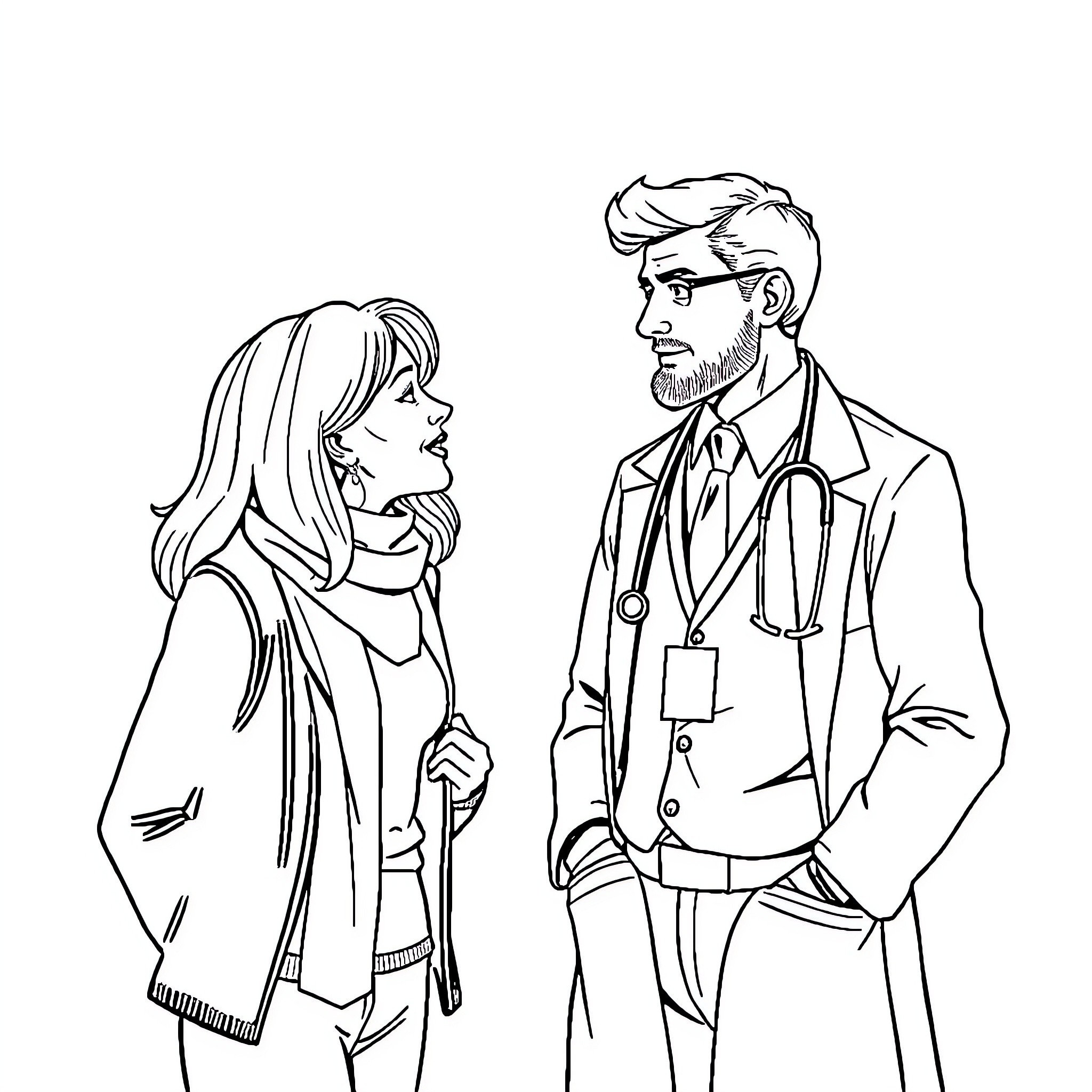 Woman and man in professional attire conversing Coloring Page (free black-and-white line drawing printable PDF for all, from beginners to advanced learners, including children, teens, adults, and seniors)