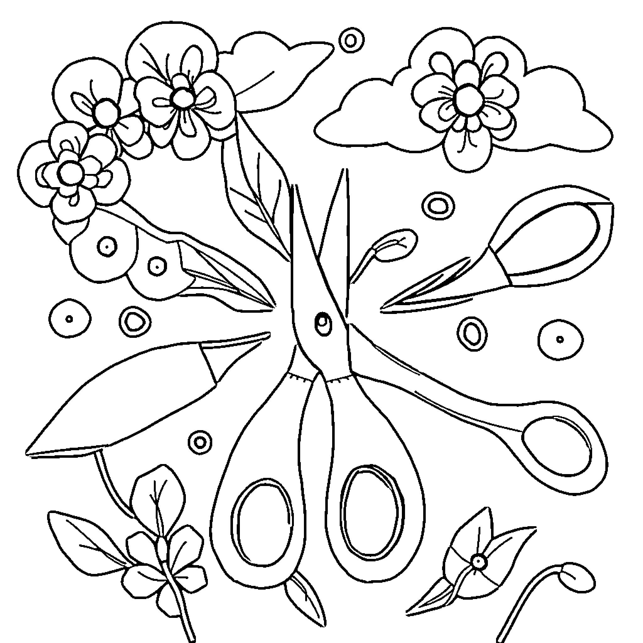Craft Scissors and Flowers Coloring Page (free black-and-white line drawing printable PDF for all, from beginners to advanced learners, including children, teens, adults, and seniors)