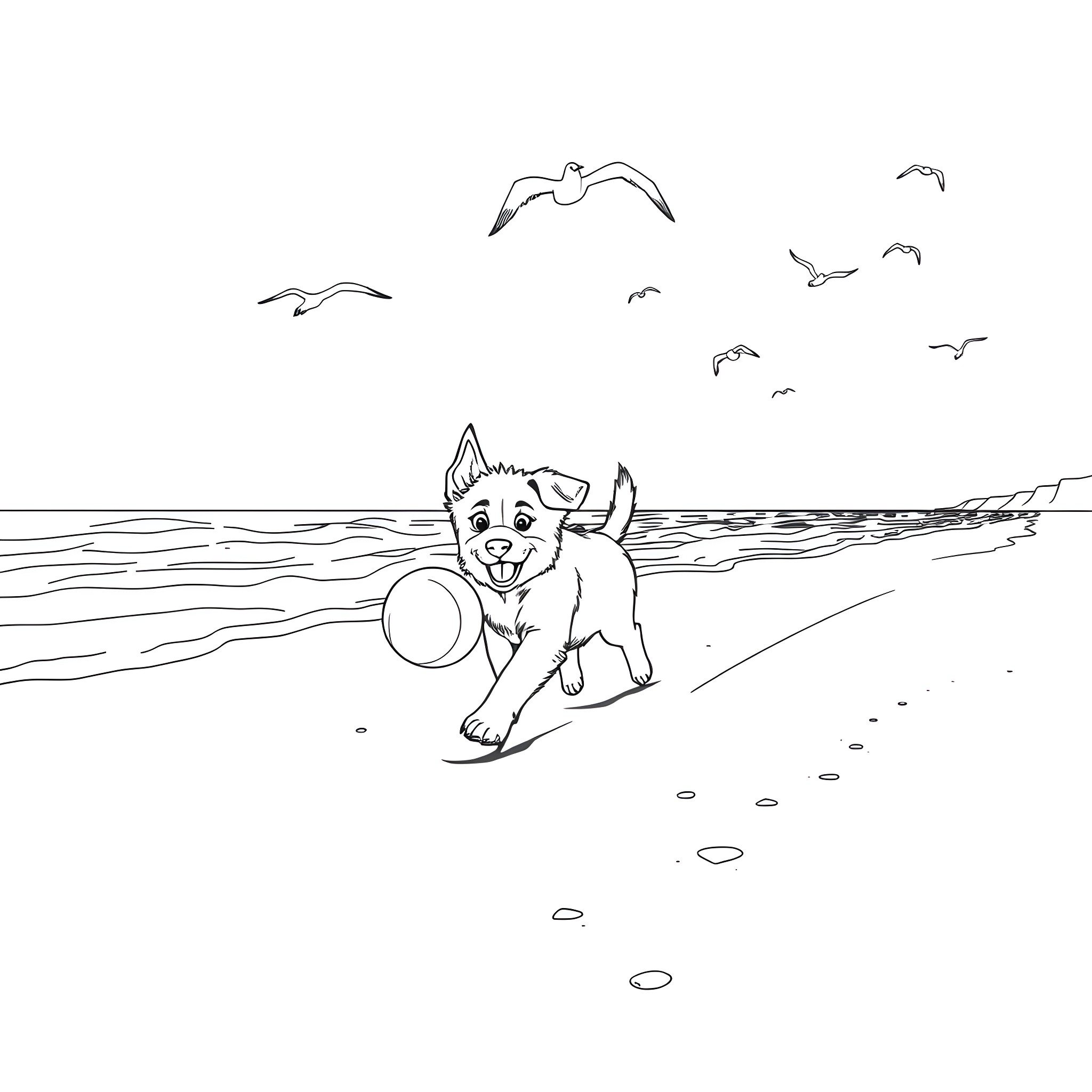 Puppy playing joyfully on the beach Coloring Page (free black-and-white line drawing printable PDF for all, from beginners to advanced learners, including children, teens, adults, and seniors)