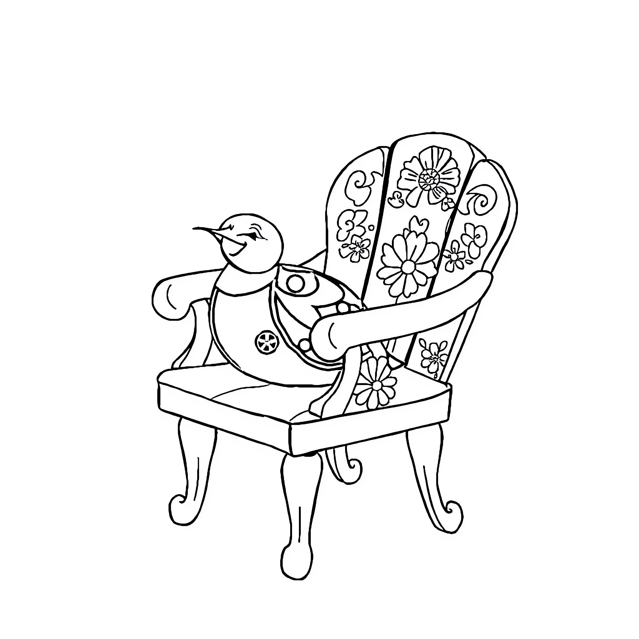 Chase the Curious Songbird Exploring the Ornate Chair Coloring Page (free black-and-white line drawing printable PDF for all, from beginners to advanced learners, including children, teens, adults, and seniors)