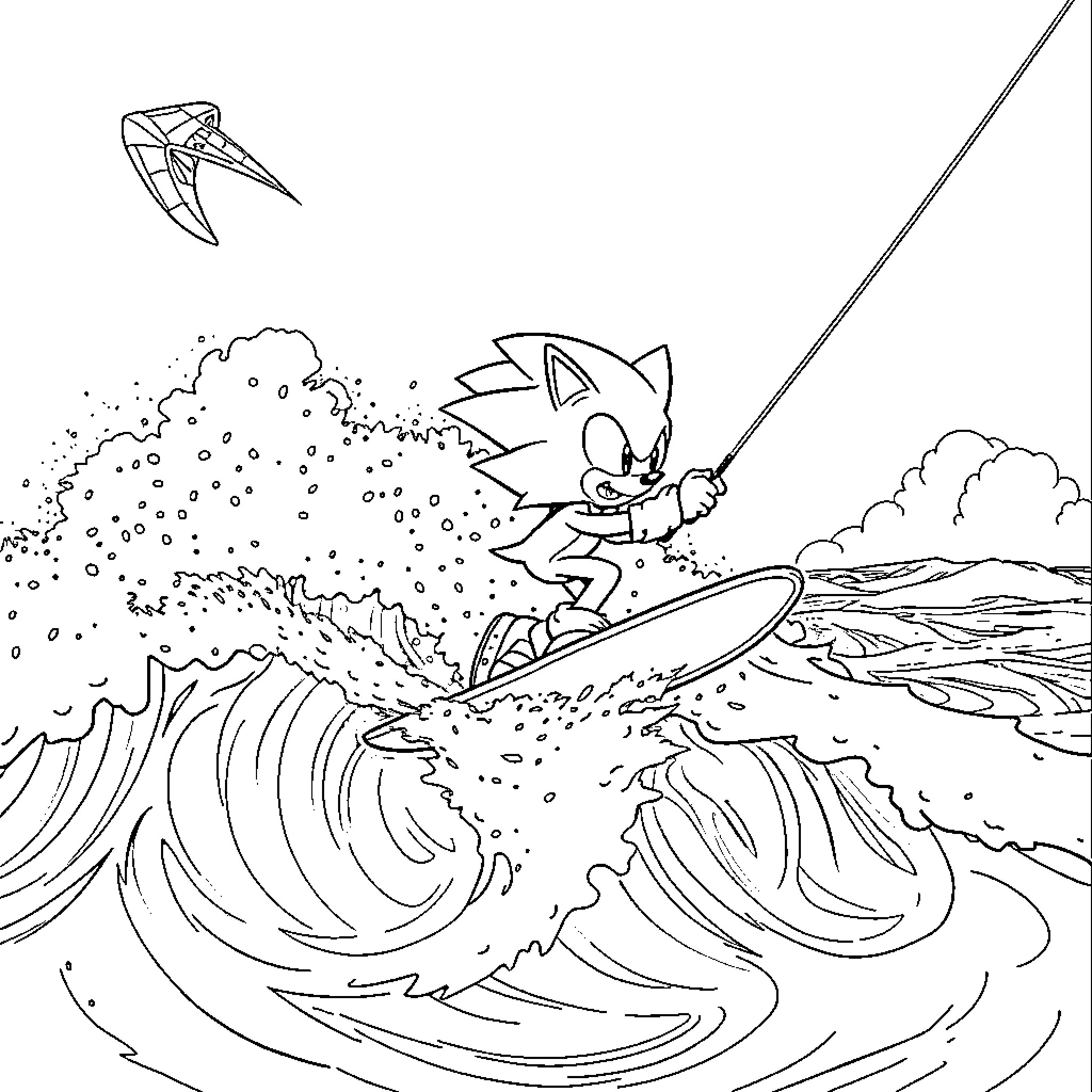 Sonic surfing through powerful waves with determination Coloring Page (free black-and-white line drawing printable PDF for all, from beginners to advanced learners, including children, teens, adults, and seniors)