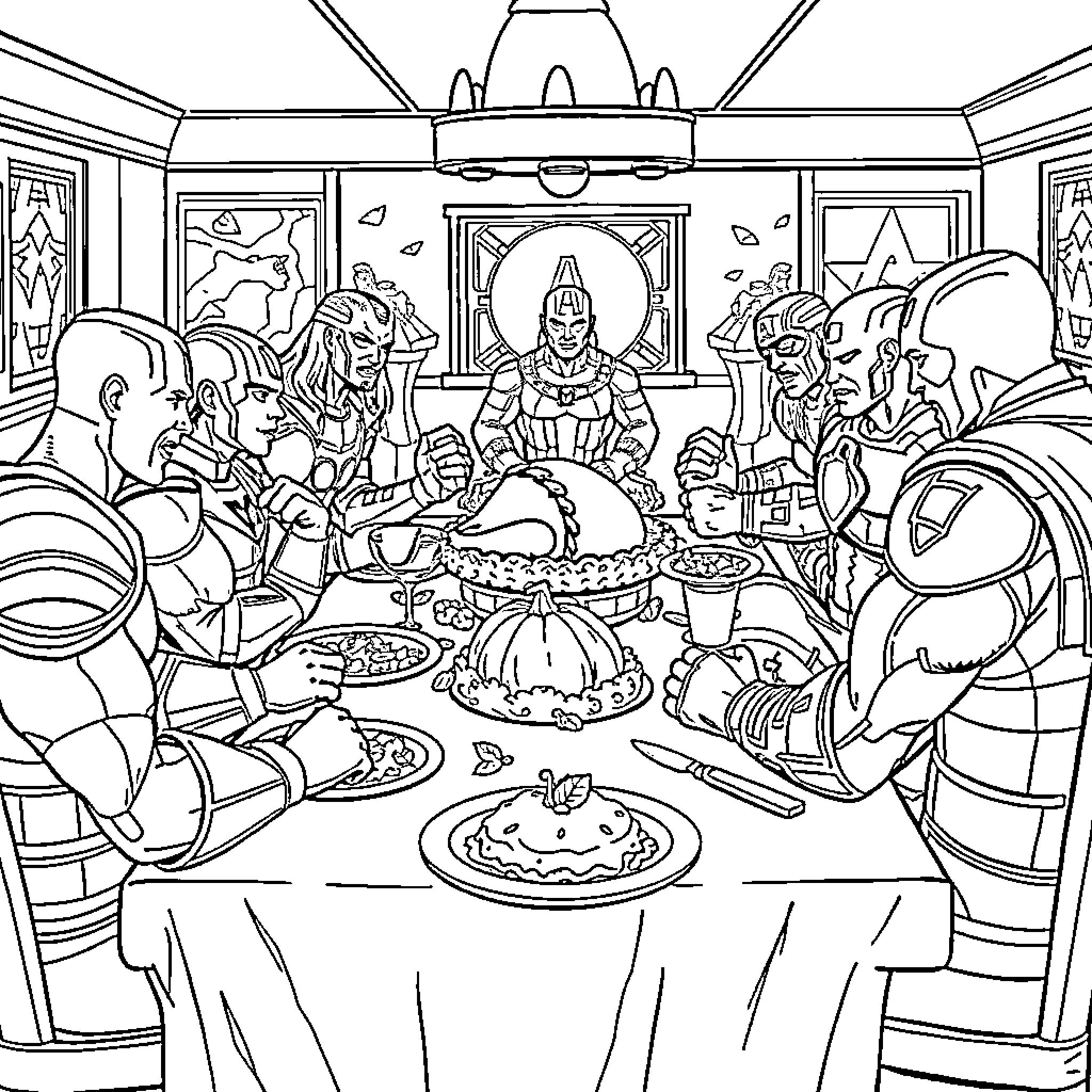 Avenger Heroes Enjoying Festive Feast Together Coloring Page (free black-and-white line drawing printable PDF for all, from beginners to advanced learners, including children, teens, adults, and seniors)