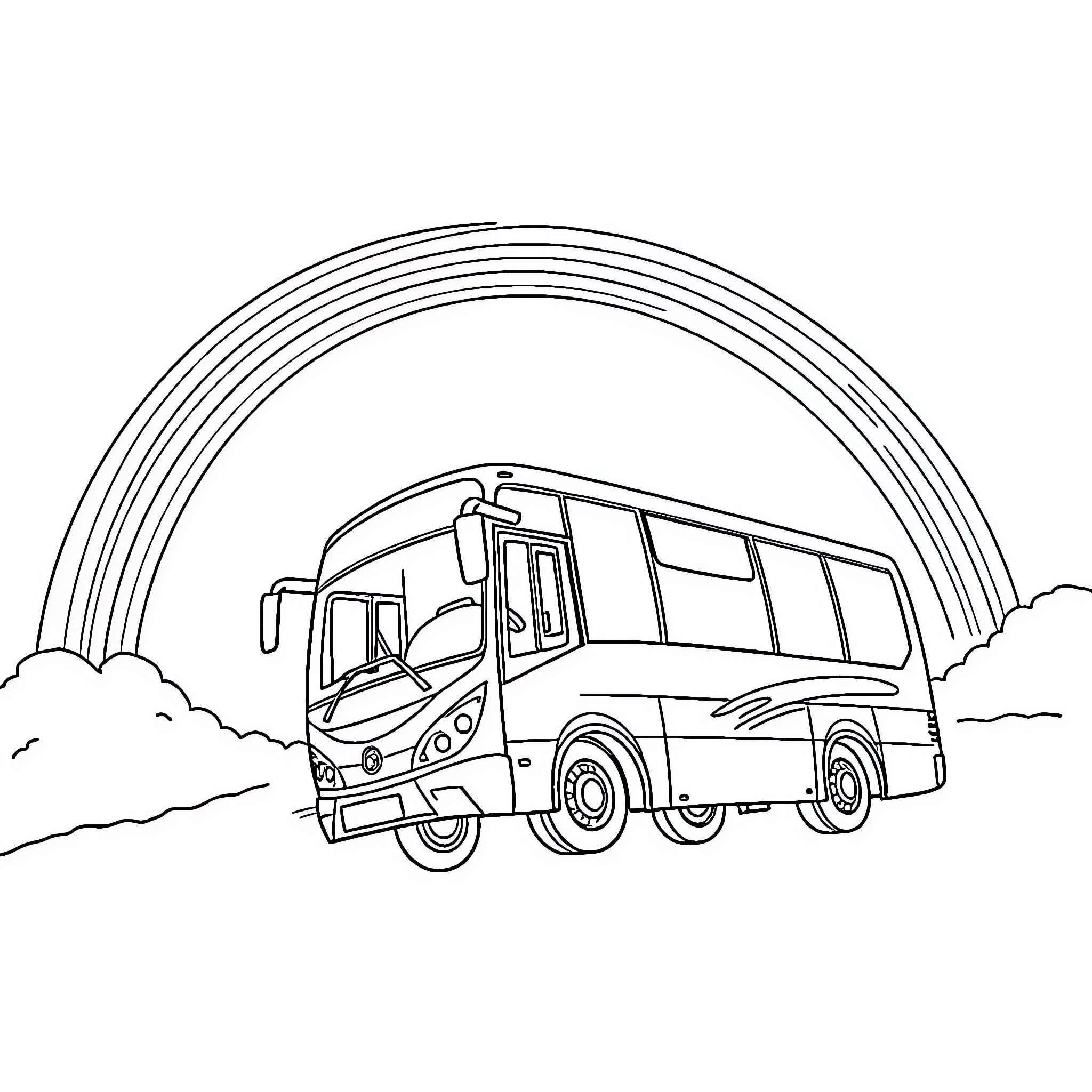 Avión bus driving under rainbow Coloring Page (free black-and-white line drawing printable PDF for all, from beginners to advanced learners, including children, teens, adults, and seniors)