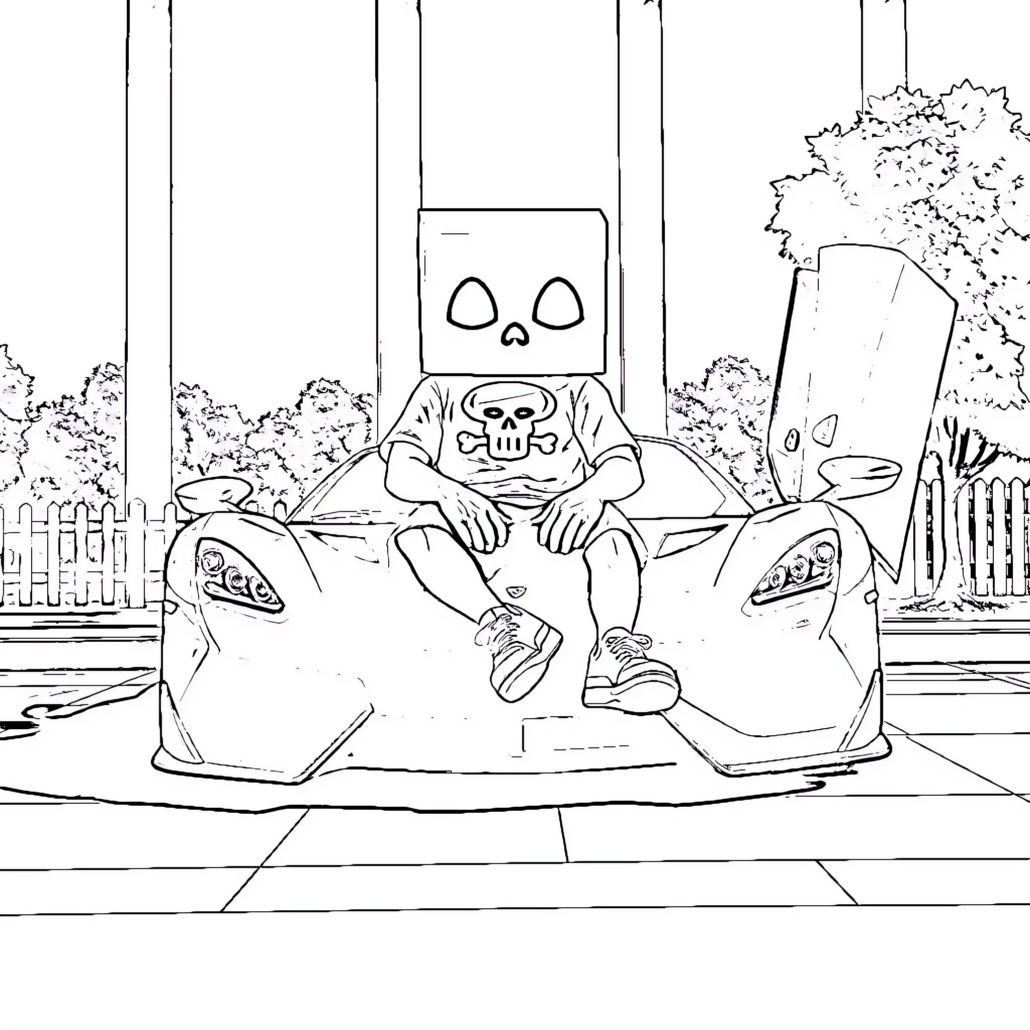Character wearing skull outfit in a surreal outdoor scene Coloring Page (free black-and-white line drawing printable PDF for all, from beginners to advanced learners, including children, teens, adults, and seniors)