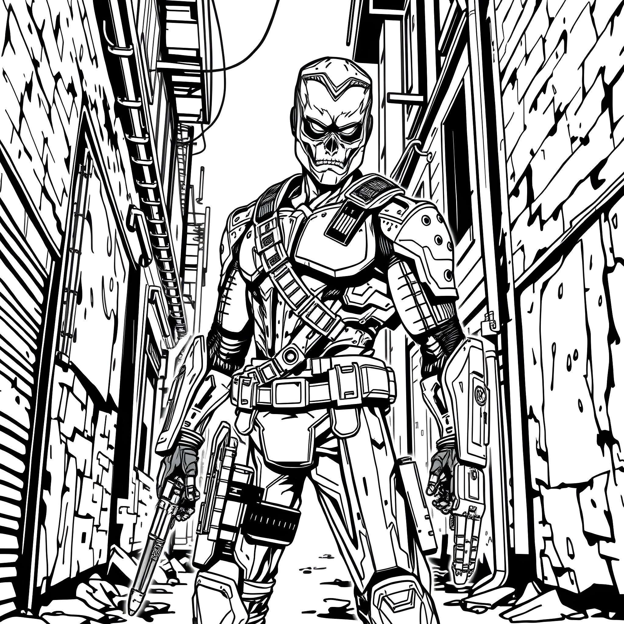 Dare The Terminator's Stealth Infiltration Mission Coloring Page (free black-and-white line drawing printable PDF for all, from beginners to advanced learners, including children, teens, adults, and seniors)