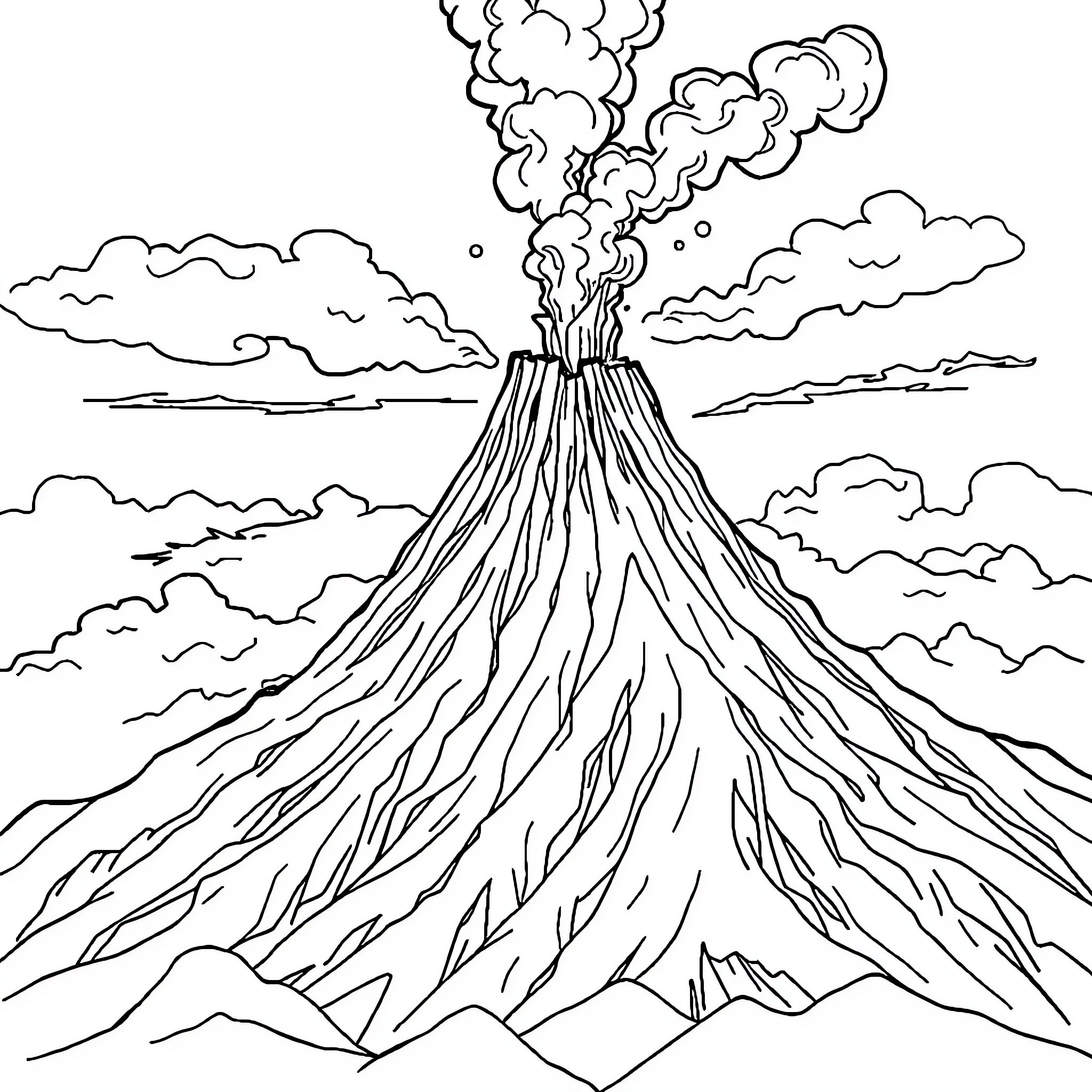 Volcano erupting with plumes of smoke and ash Coloring Page (free black-and-white line drawing printable PDF for all, from beginners to advanced learners, including children, teens, adults, and seniors)