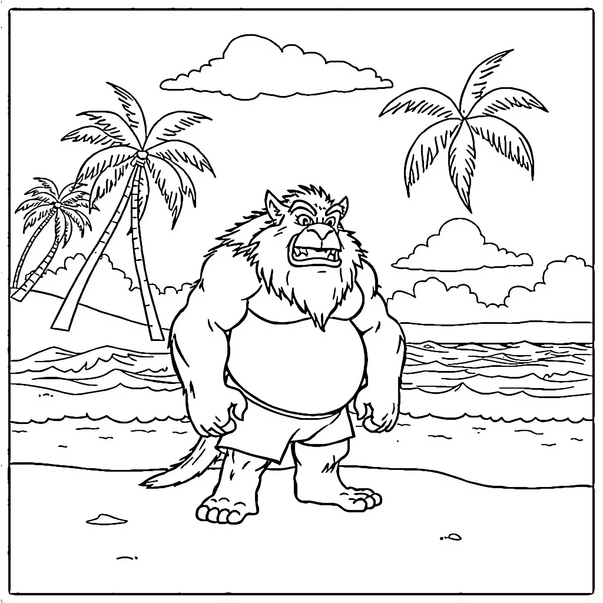 Mr Beast's Tropical Adventure with a Hairy Creature Coloring Page (free black-and-white line drawing printable PDF for all, from beginners to advanced learners, including children, teens, adults, and seniors)