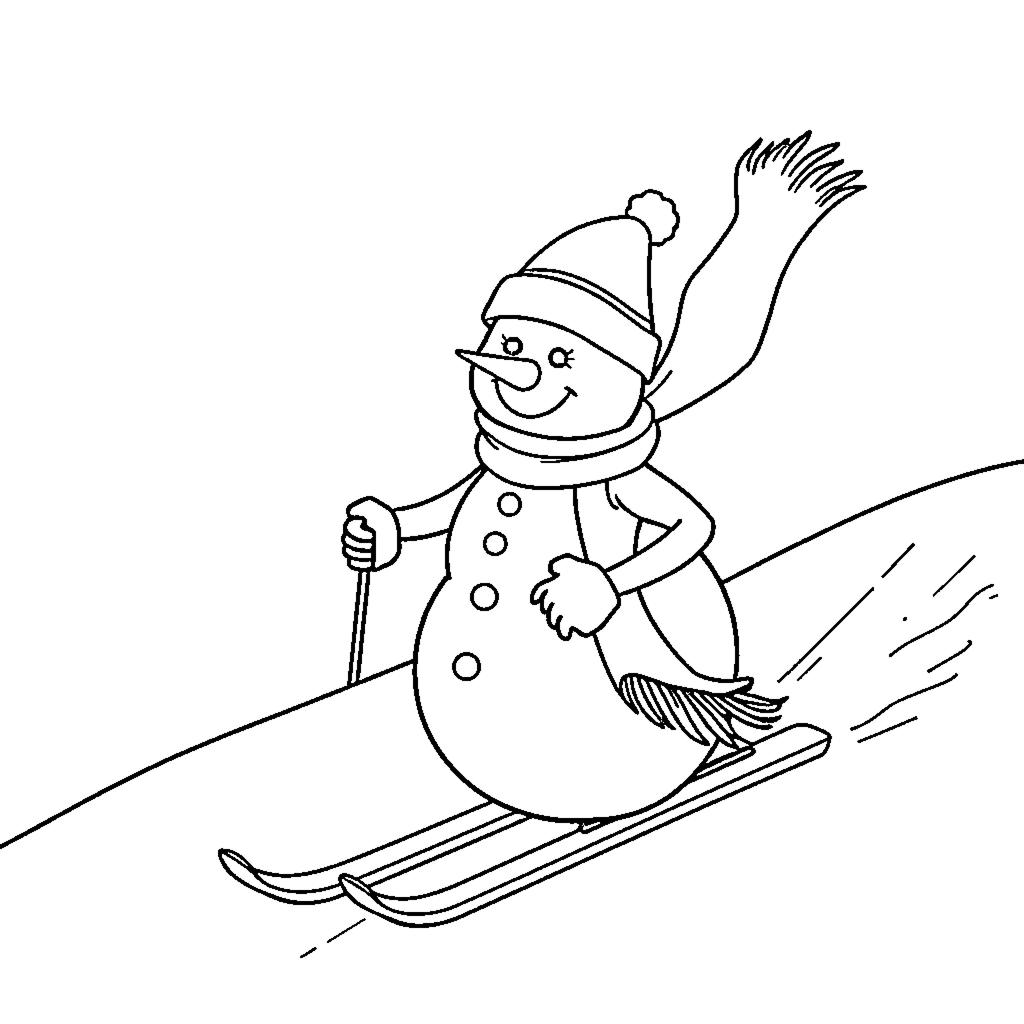 Snowman skiing down a snowy slope Coloring Page (free black-and-white line drawing printable PDF for all, from beginners to advanced learners, including children, teens, adults, and seniors)