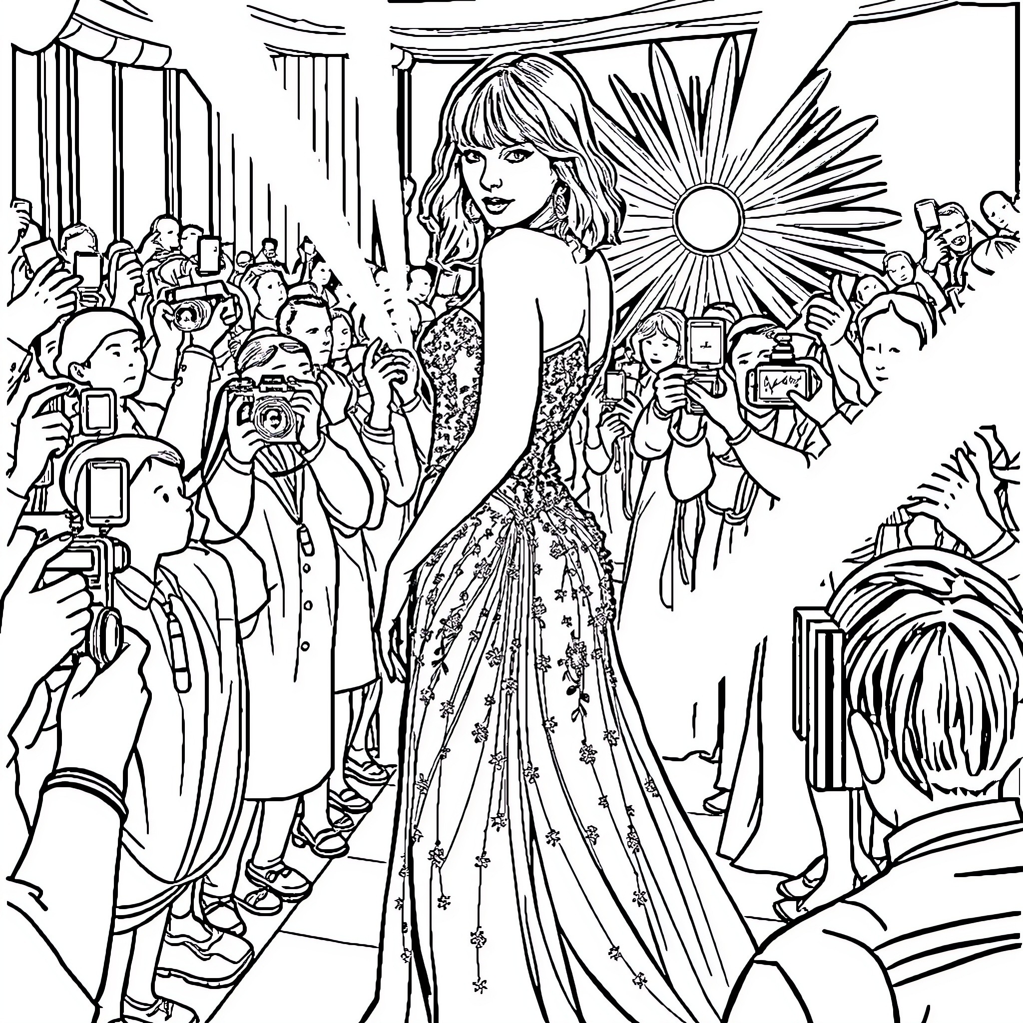 Taylor Swift's Dazzling Stage Presence Coloring Page (free black-and-white line drawing printable PDF for all, from beginners to advanced learners, including children, teens, adults, and seniors)