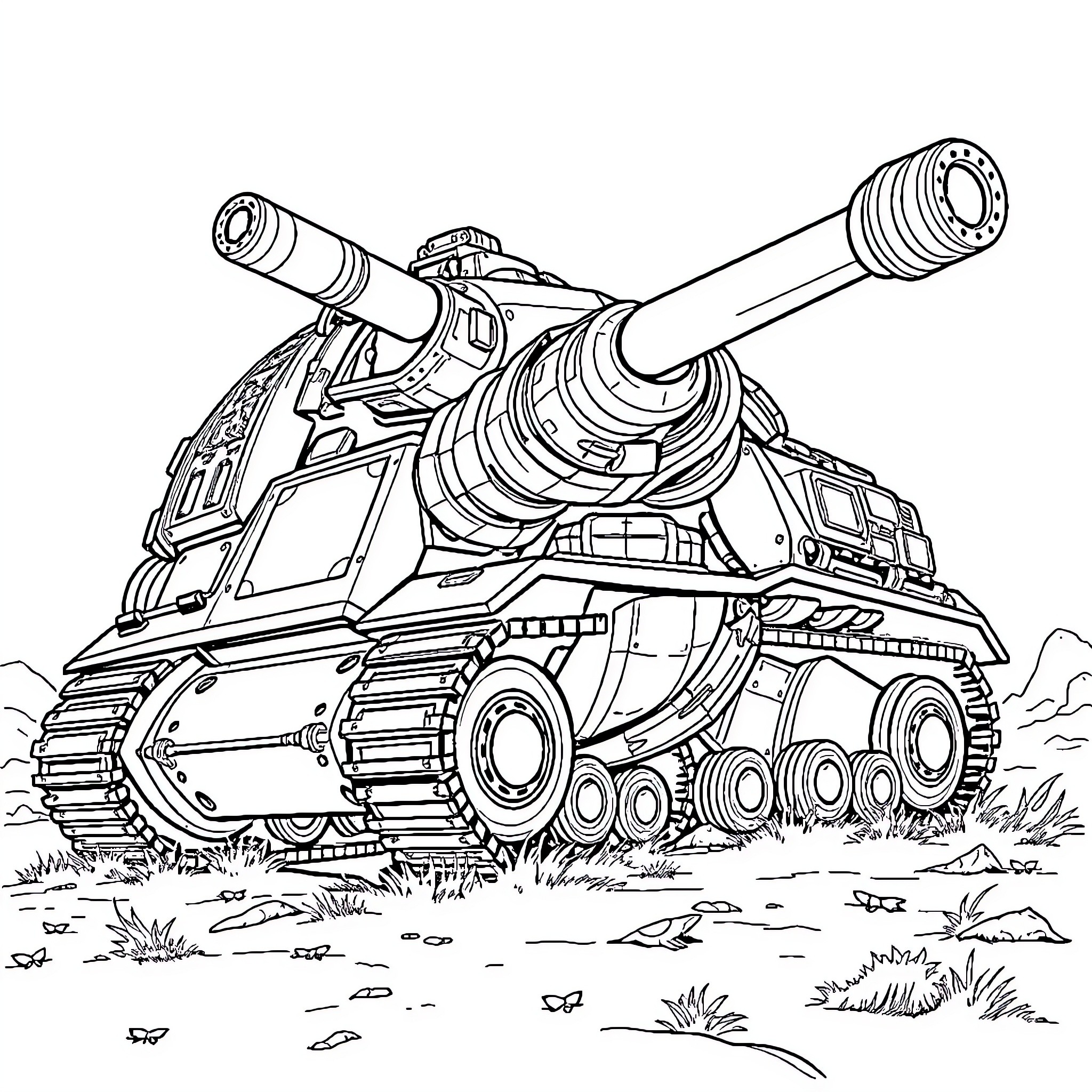 Tankmonster stomping through the battlefield Coloring Page (free black-and-white line drawing printable PDF for all, from beginners to advanced learners, including children, teens, adults, and seniors)