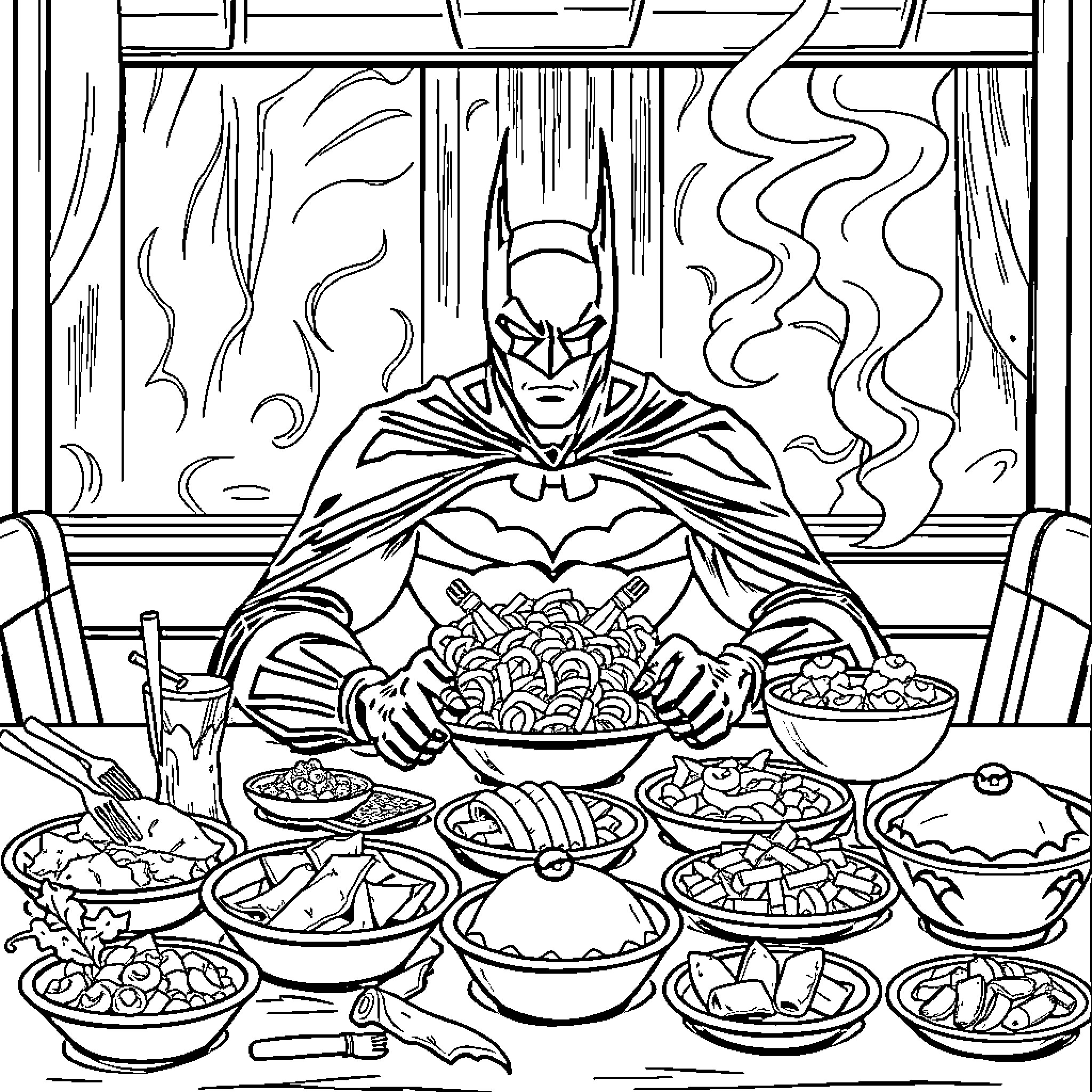 Batman Feasting on a Variety of Dishes Coloring Page (free black-and-white line drawing printable PDF for all, from beginners to advanced learners, including children, teens, adults, and seniors)