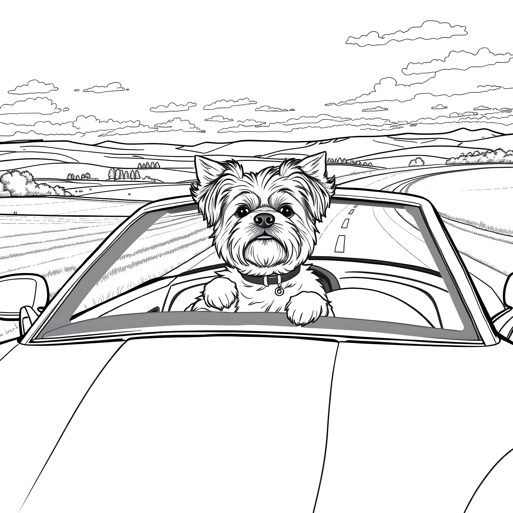 Shi Tzu enjoying a scenic road trip Coloring Page (free black-and-white line drawing printable PDF for all, from beginners to advanced learners, including children, teens, adults, and seniors)