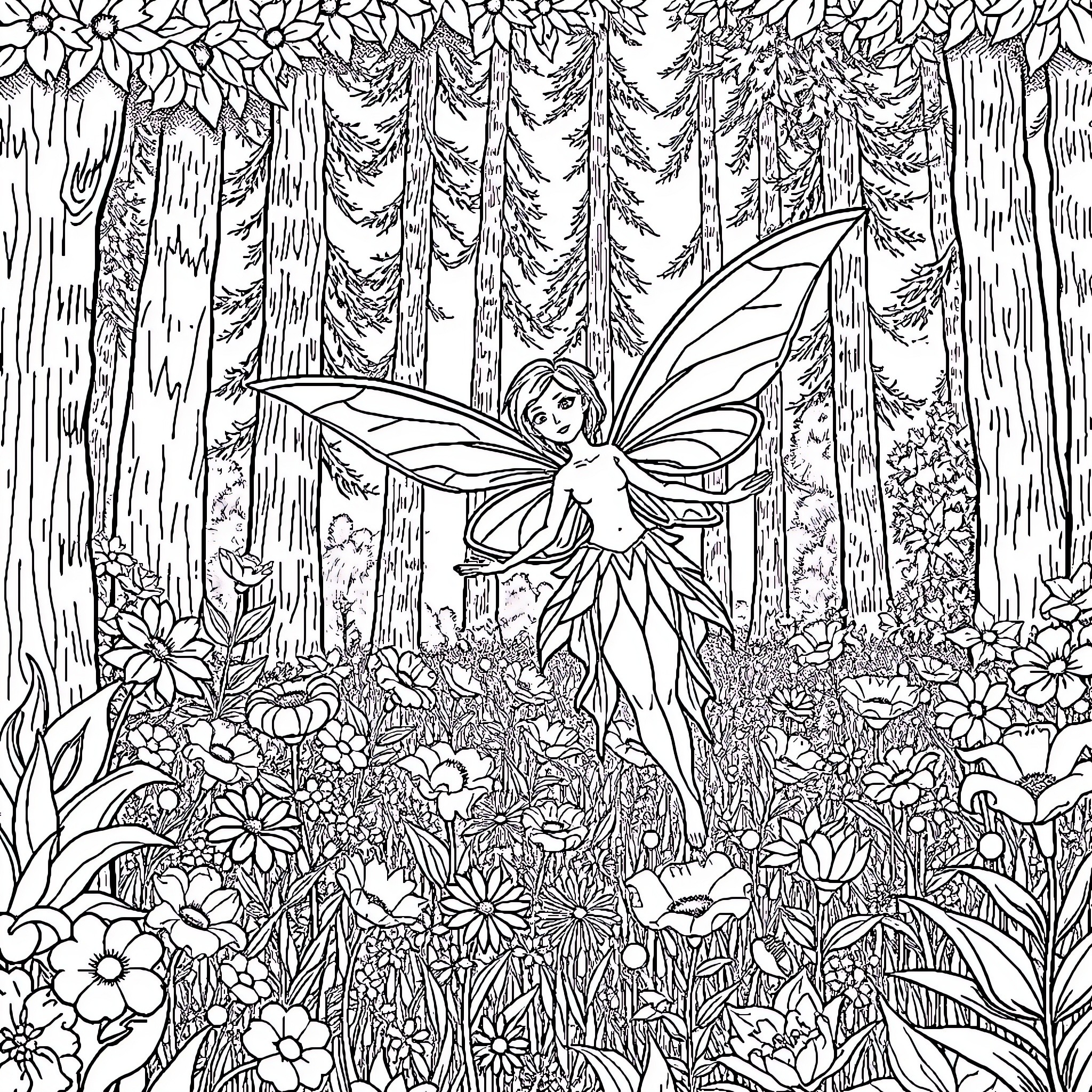 Fairy Exploring the Enchanted Forest Coloring Page (free black-and-white line drawing printable PDF for all, from beginners to advanced learners, including children, teens, adults, and seniors)