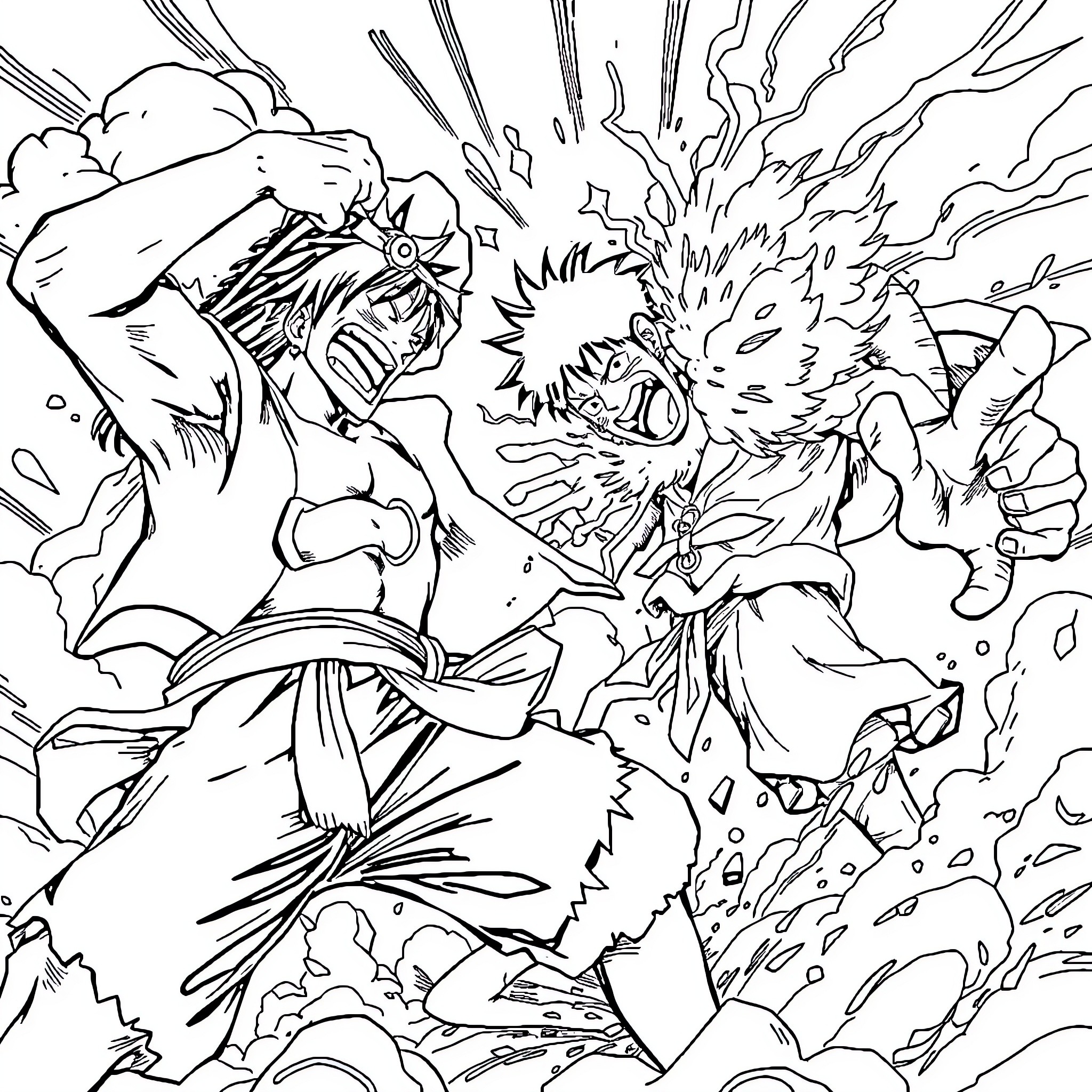 Luffy in an intense battle scene with explosive action Coloring Page (free black-and-white line drawing printable PDF for all, from beginners to advanced learners, including children, teens, adults, and seniors)
