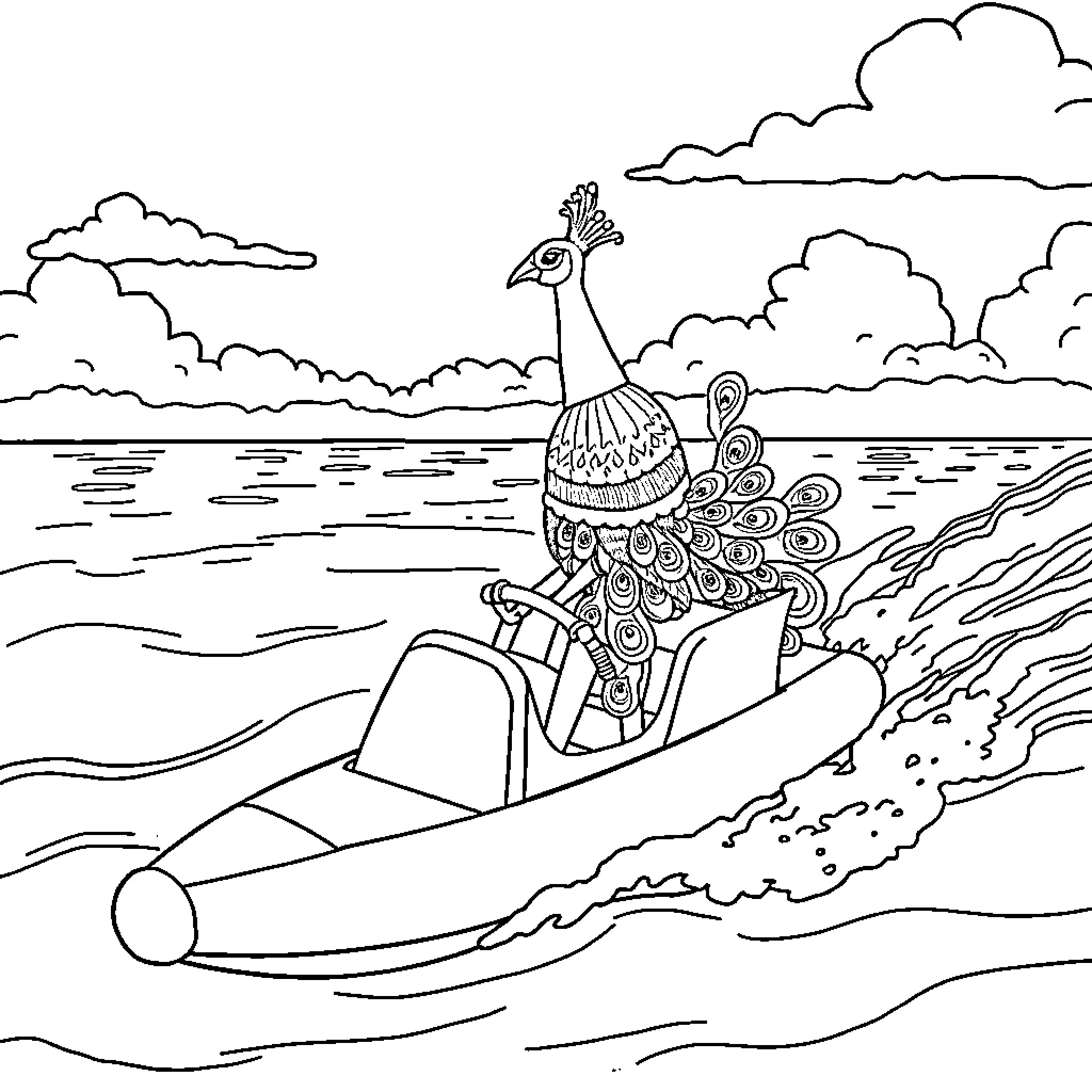 Peacock perched on a floating log in the water Coloring Page (free black-and-white line drawing printable PDF for all, from beginners to advanced learners, including children, teens, adults, and seniors)