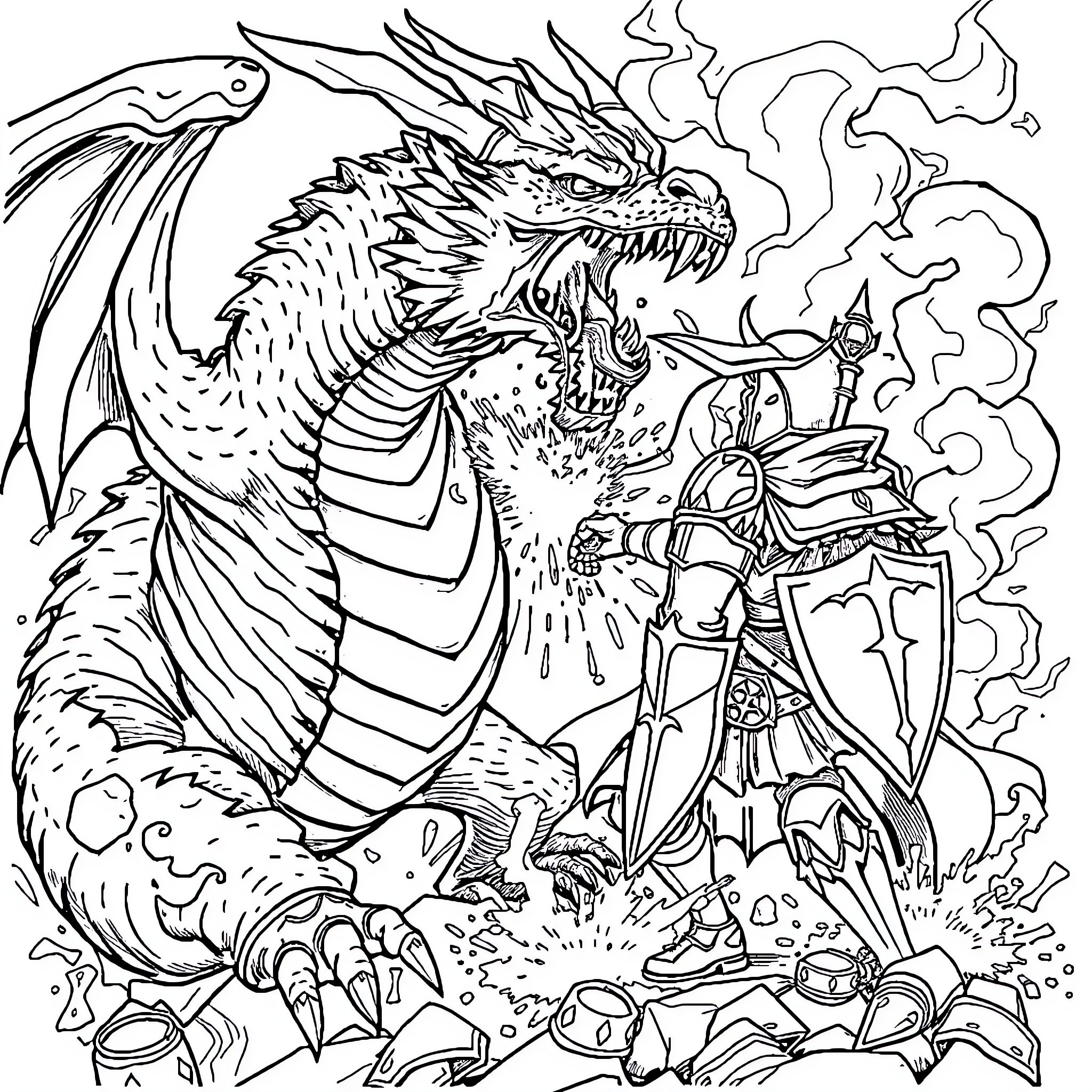 Dragon Warrior Confronting the Fierce Dragon Coloring Page (free black-and-white line drawing printable PDF for all, from beginners to advanced learners, including children, teens, adults, and seniors)