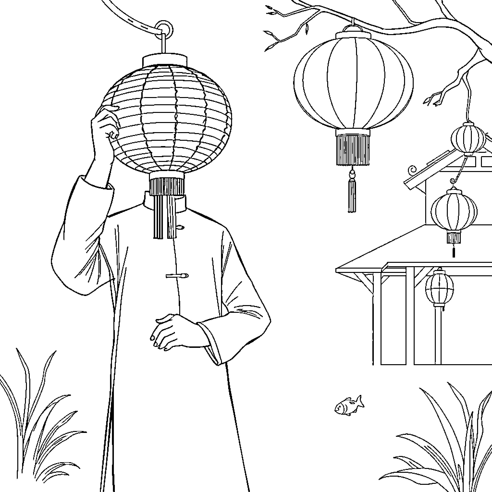 Boy enjoying lanterns and nature Coloring Page (free black-and-white line drawing printable PDF for all, from beginners to advanced learners, including children, teens, adults, and seniors)