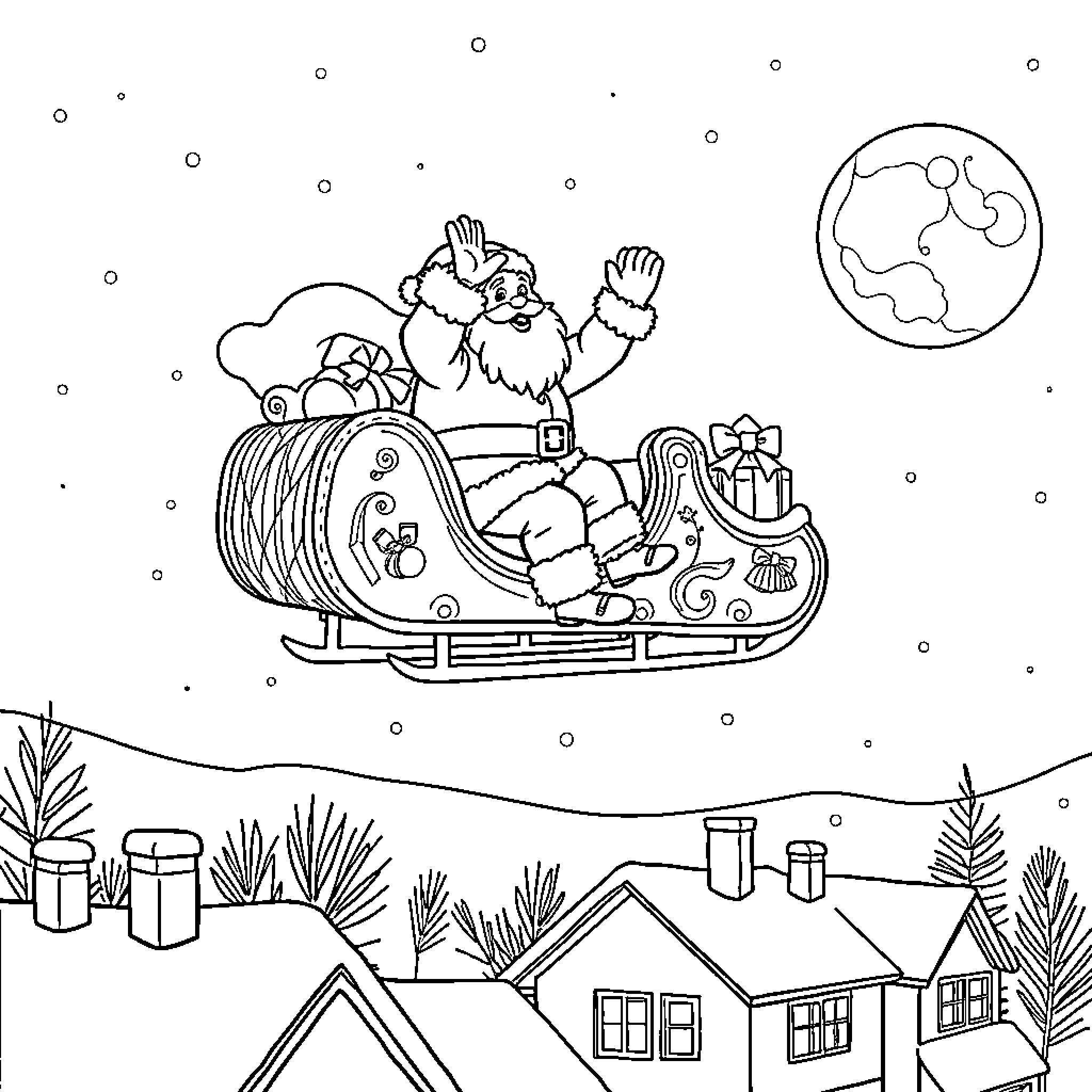 Santa Claus riding sleigh over winter landscape Coloring Page (free black-and-white line drawing printable PDF for all, from beginners to advanced learners, including children, teens, adults, and seniors)
