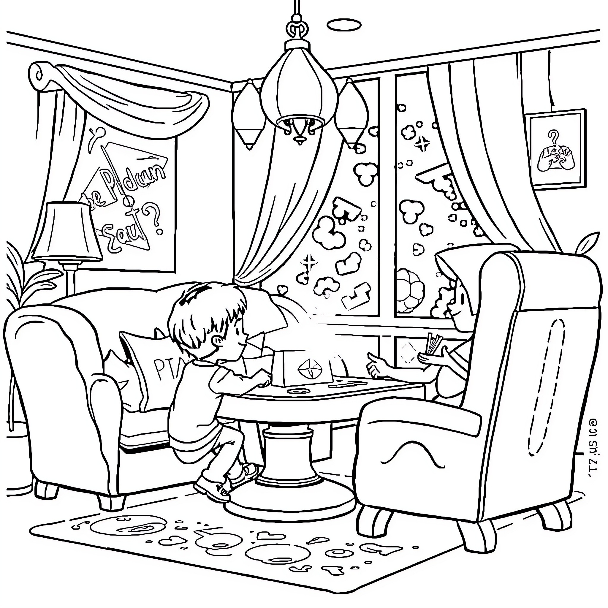 Pumuda's Cozy Room with Whimsical Decor Coloring Page (free black-and-white line drawing printable PDF for all, from beginners to advanced learners, including children, teens, adults, and seniors)