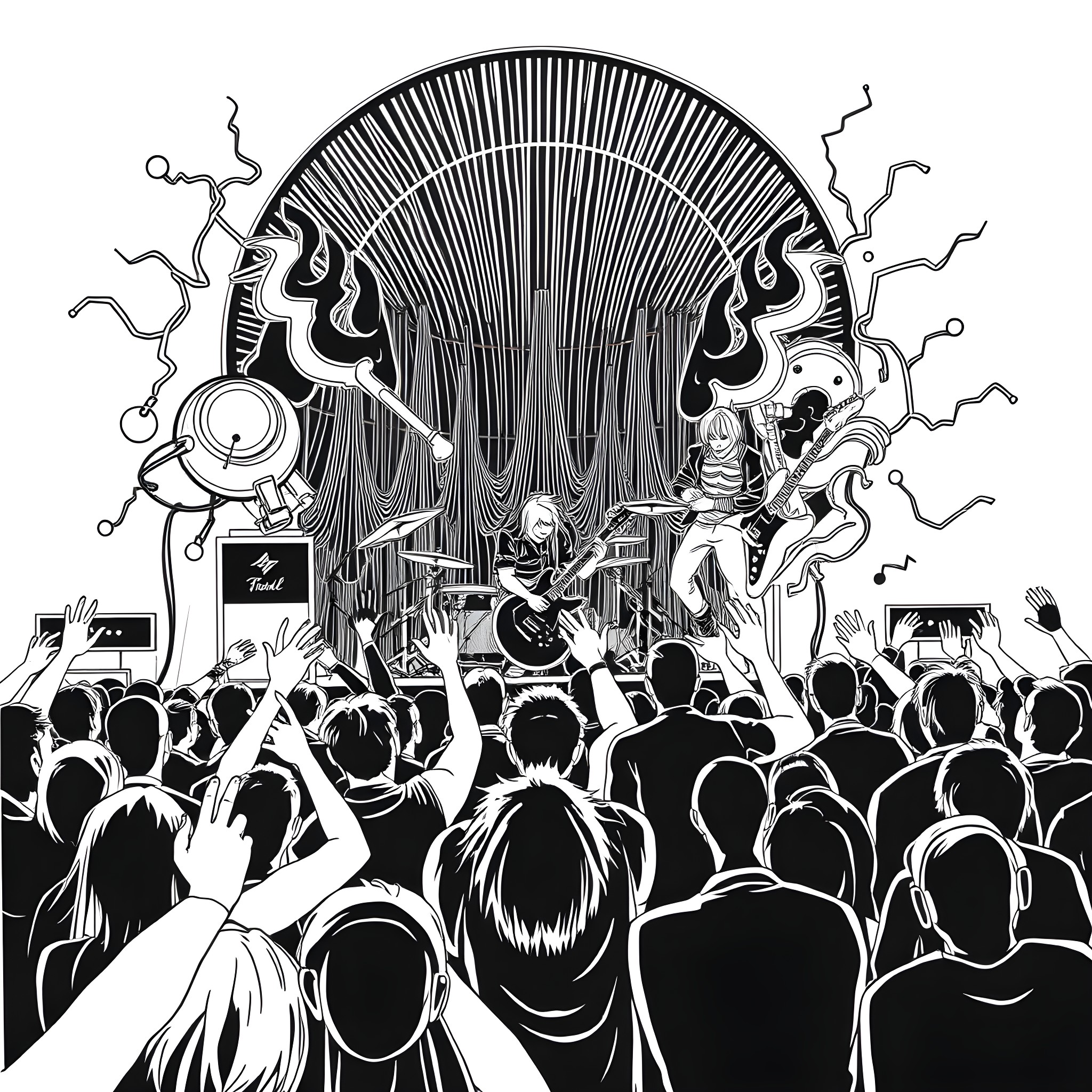 Nu Metal Concert - Energetic Crowd and Explosive Performance Coloring Page (free black-and-white line drawing printable PDF for all, from beginners to advanced learners, including children, teens, adults, and seniors)