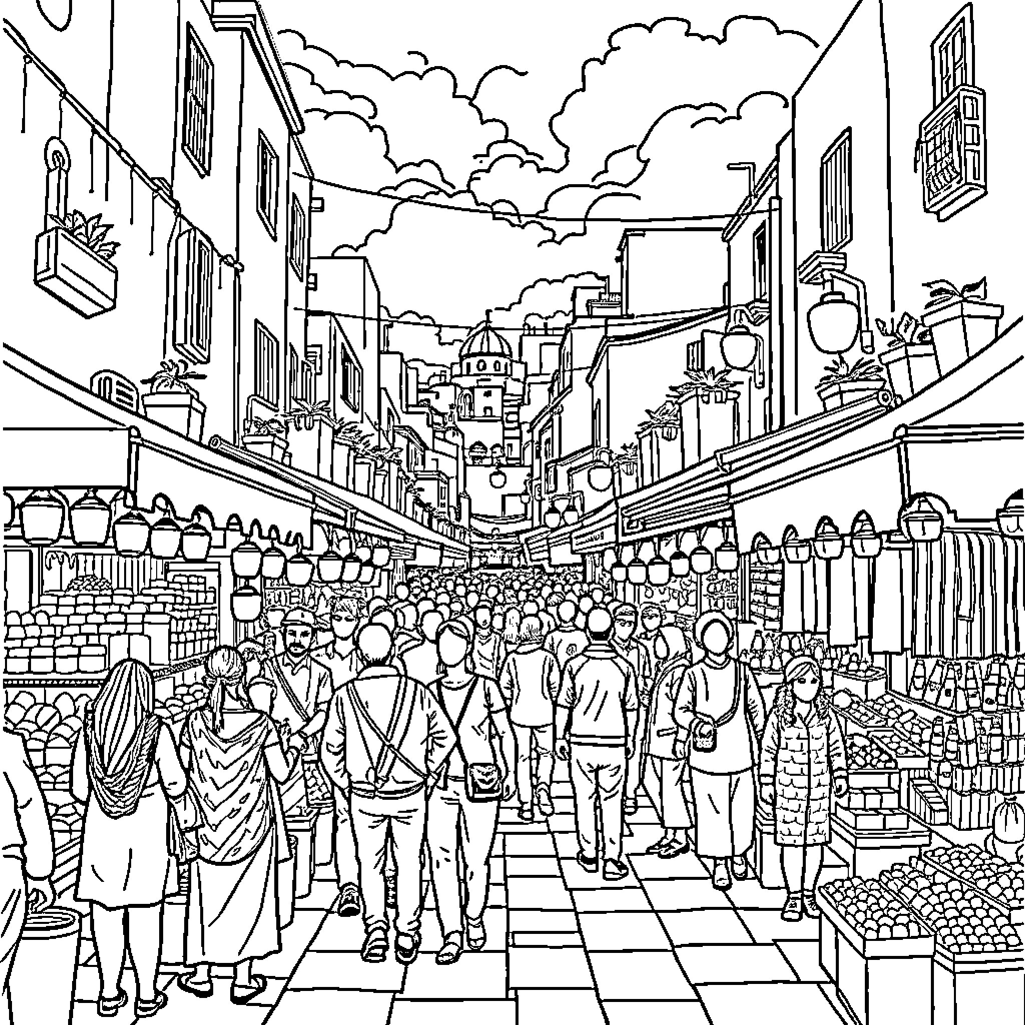 Genfa: Bustling marketplace scene in a historic city Coloring Page (free black-and-white line drawing printable PDF for all, from beginners to advanced learners, including children, teens, adults, and seniors)