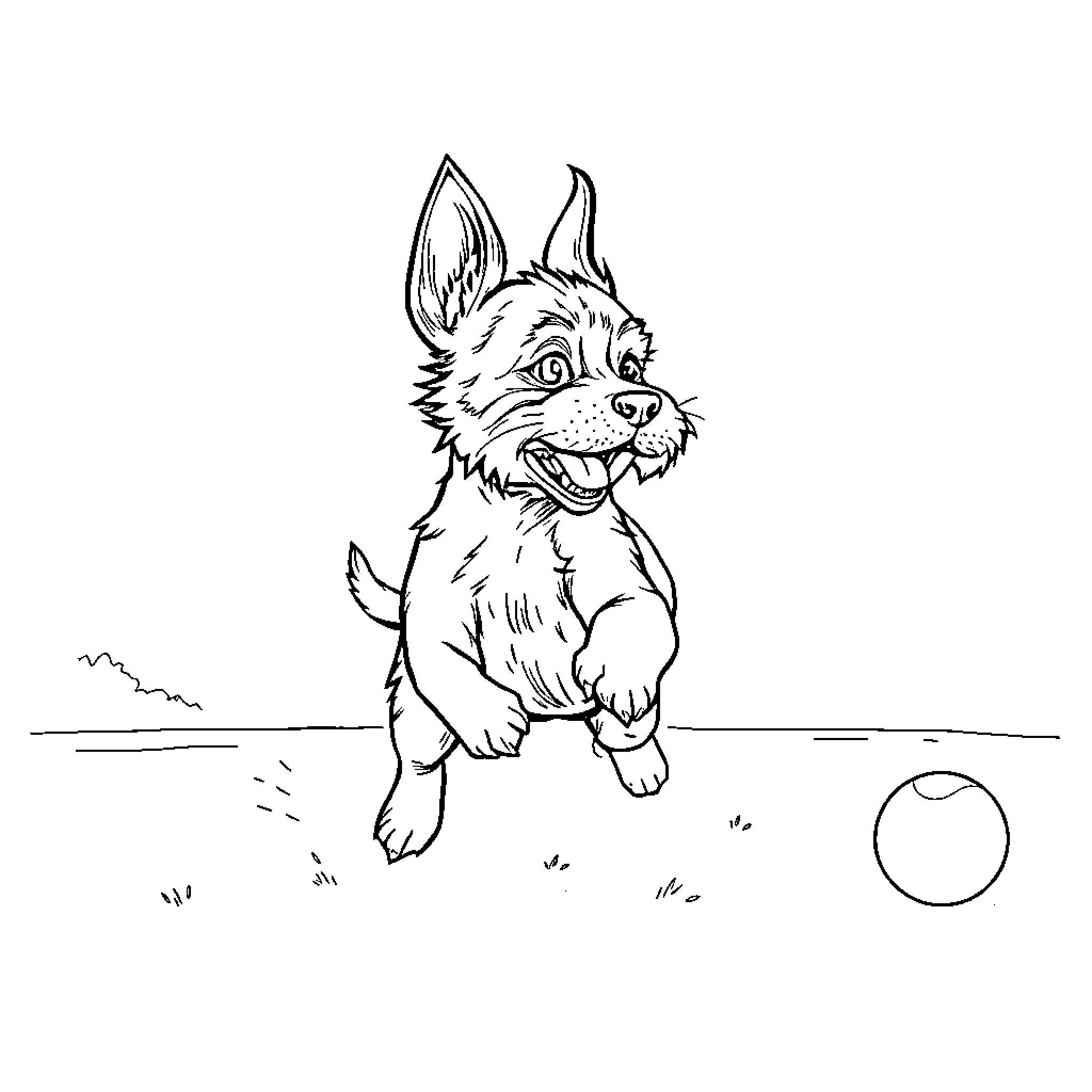Dog playing with ball in the field Coloring Page (free black-and-white line drawing printable PDF for all, from beginners to advanced learners, including children, teens, adults, and seniors)