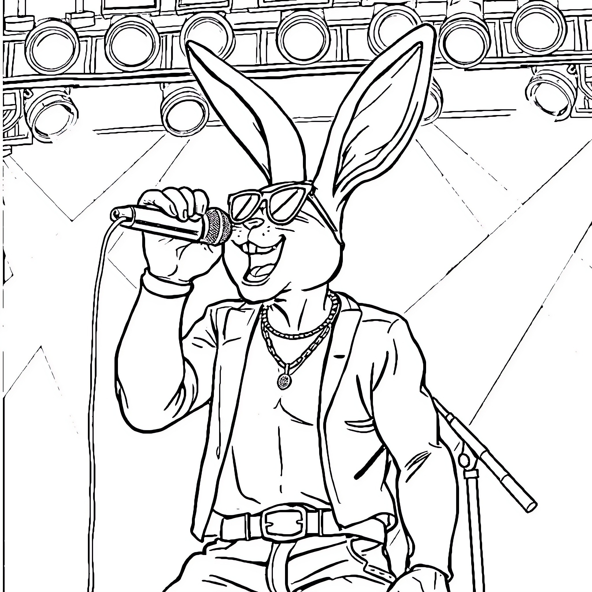 Bad Bunny performing on stage with microphone Coloring Page (free black-and-white line drawing printable PDF for all, from beginners to advanced learners, including children, teens, adults, and seniors)