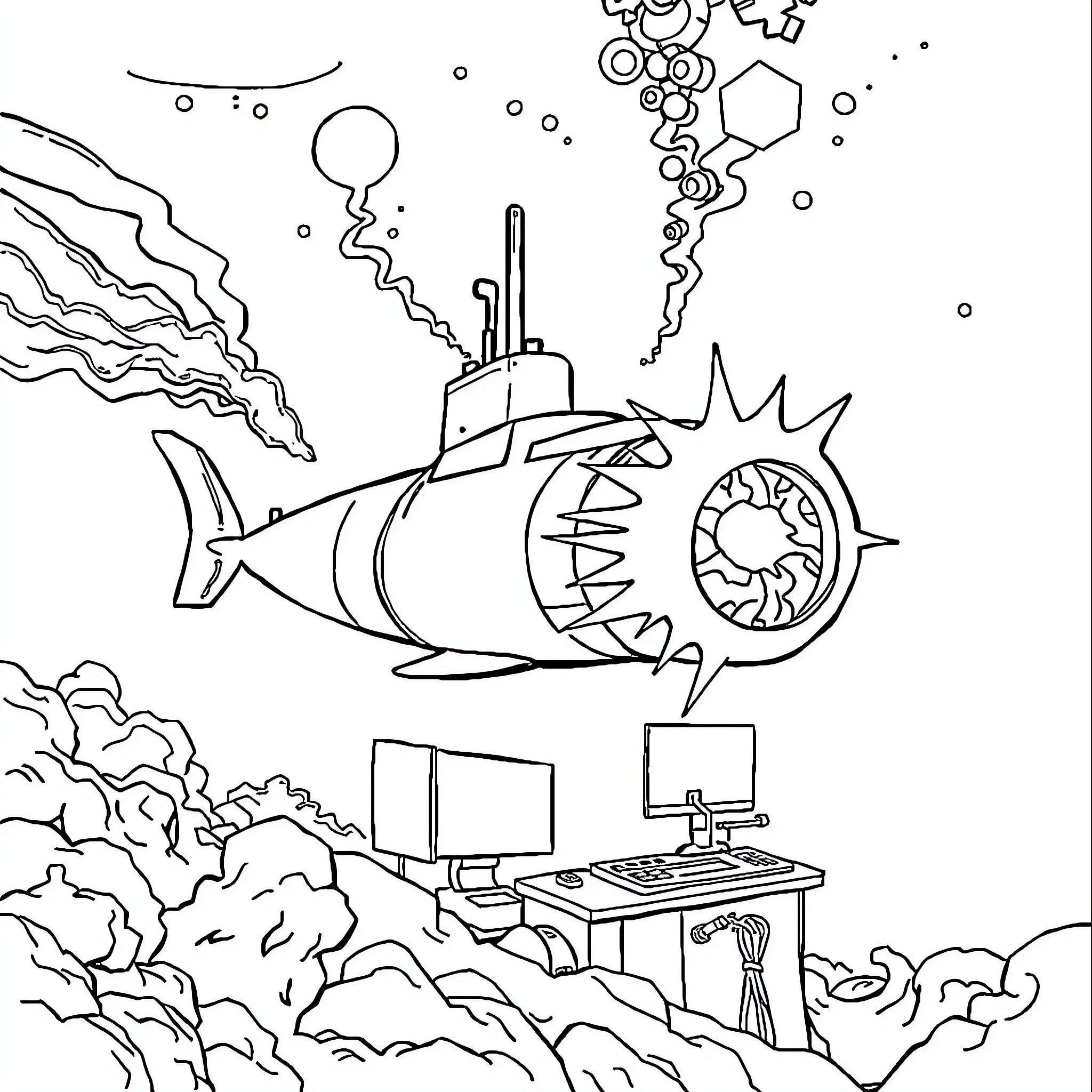 Submarine with unusual technology in underwater scene Coloring Page (free black-and-white line drawing printable PDF for all, from beginners to advanced learners, including children, teens, adults, and seniors)