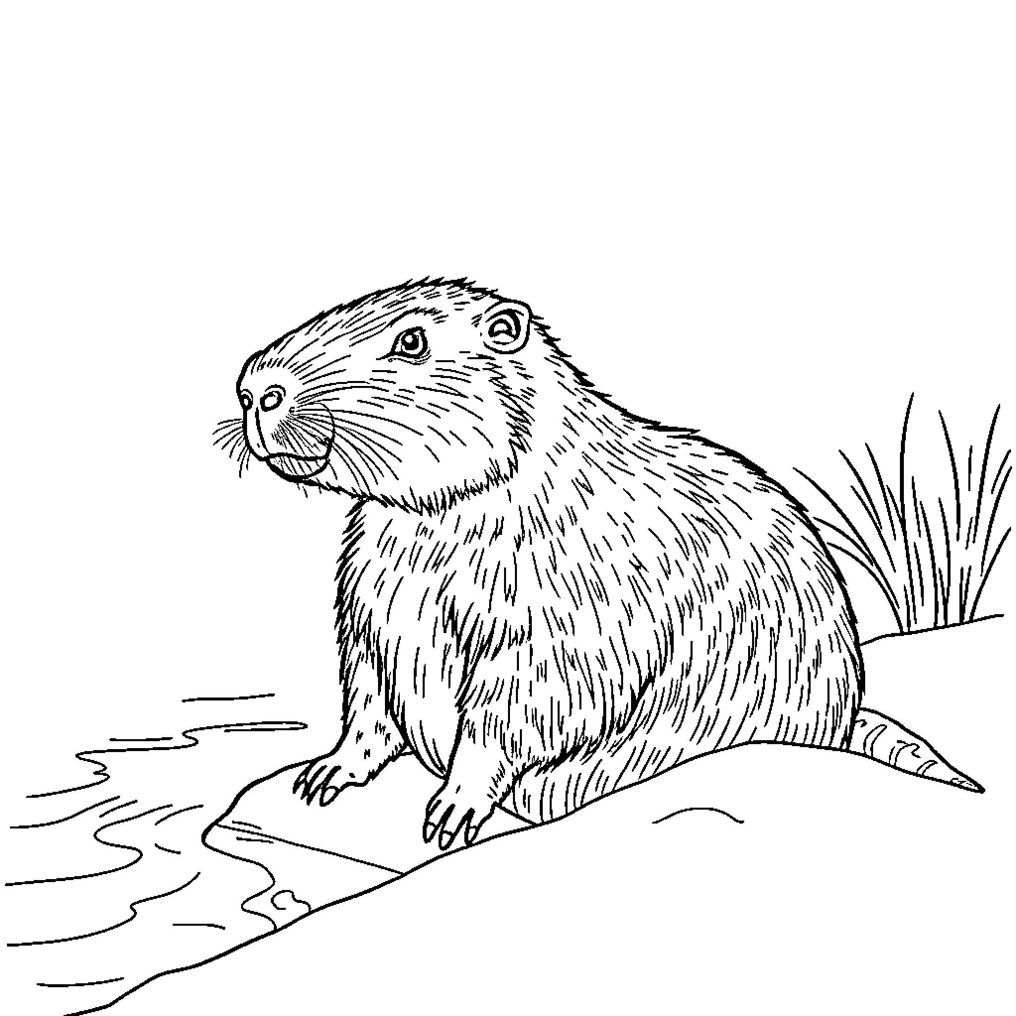 Capybara resting near water and grass Coloring Page (free black-and-white line drawing printable PDF for all, from beginners to advanced learners, including children, teens, adults, and seniors)