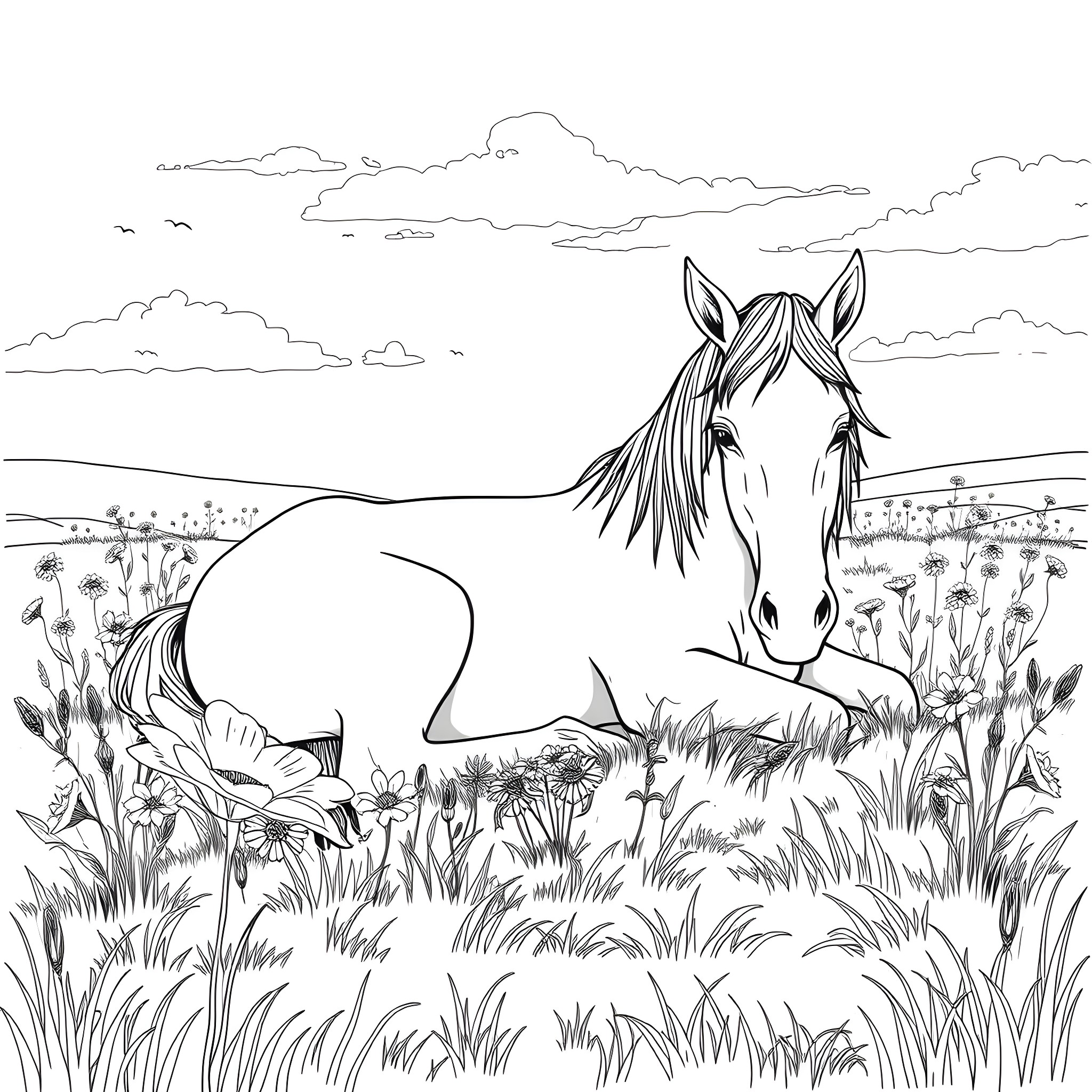 Horse resting in a meadow filled with wildflowers Coloring Page (free black-and-white line drawing printable PDF for all, from beginners to advanced learners, including children, teens, adults, and seniors)