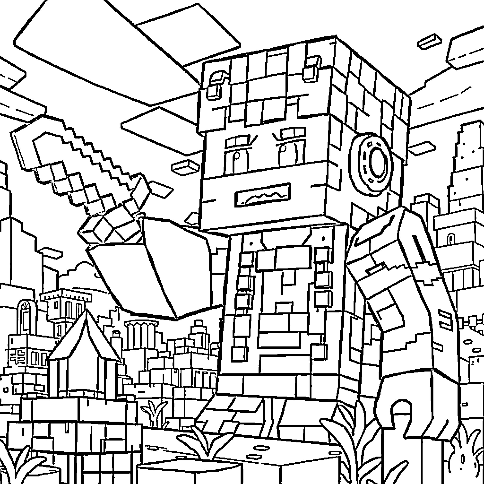 Mumbo Jumbo Abstract City Scape Coloring Page (free black-and-white line drawing printable PDF for all, from beginners to advanced learners, including children, teens, adults, and seniors)