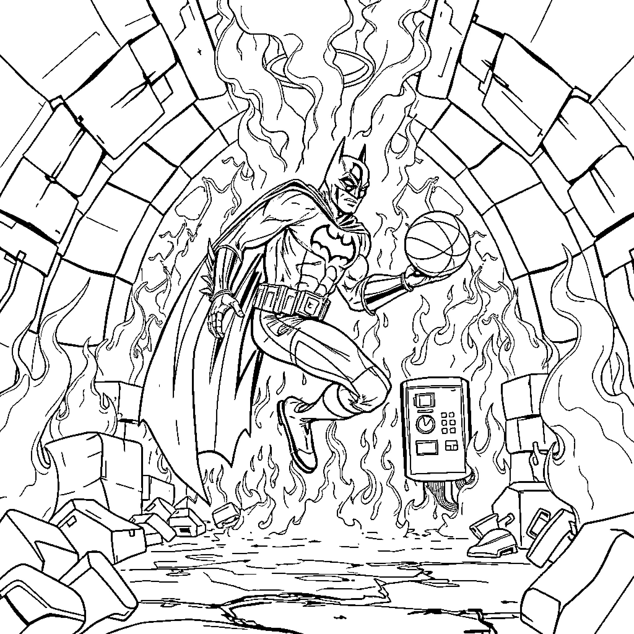 Batman battling in a fiery and chaotic scene Coloring Page (free black-and-white line drawing printable PDF for all, from beginners to advanced learners, including children, teens, adults, and seniors)