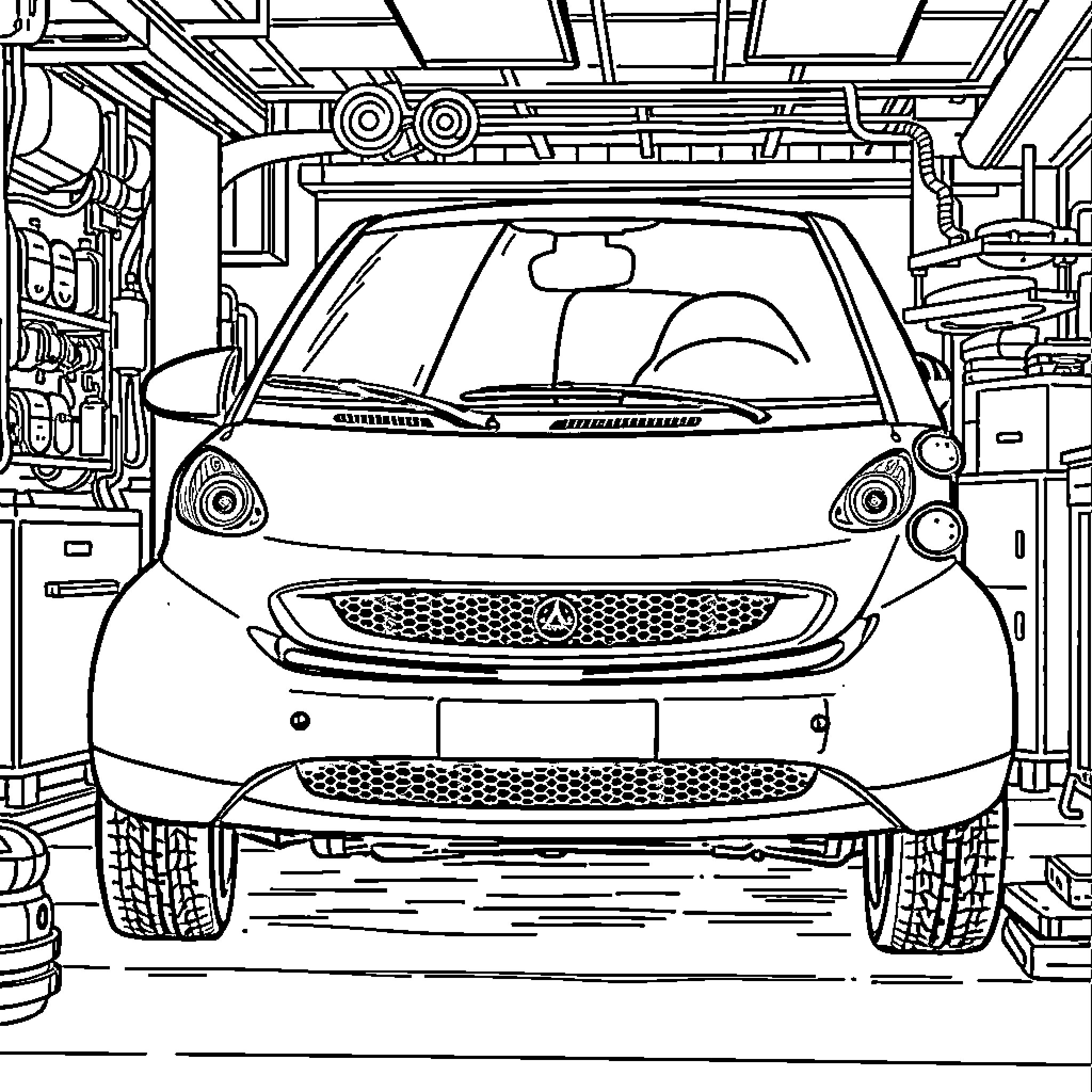 Smart 450 in Automotive Garage Coloring Page (free black-and-white line drawing printable PDF for all, from beginners to advanced learners, including children, teens, adults, and seniors)