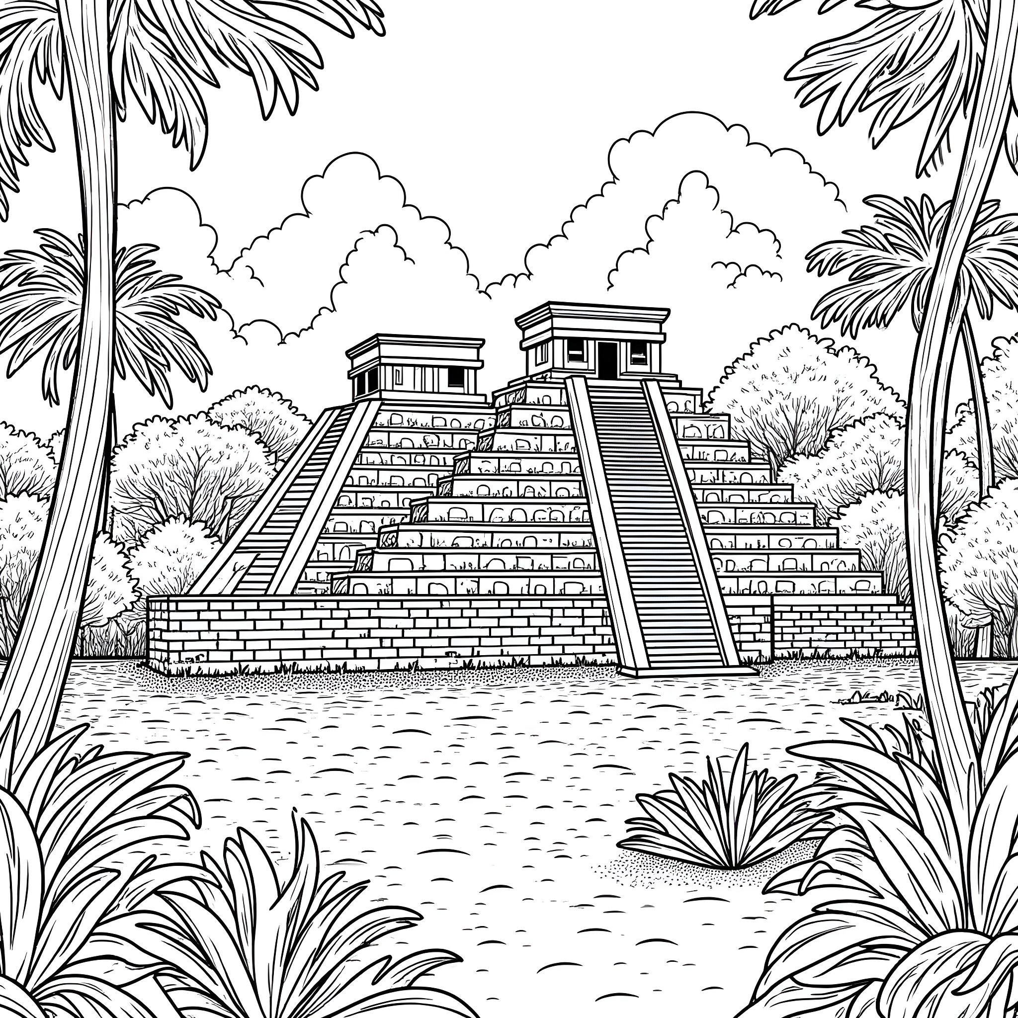 Mayan Ruins with Intricate Architectural Details Coloring Page (free black-and-white line drawing printable PDF for all, from beginners to advanced learners, including children, teens, adults, and seniors)