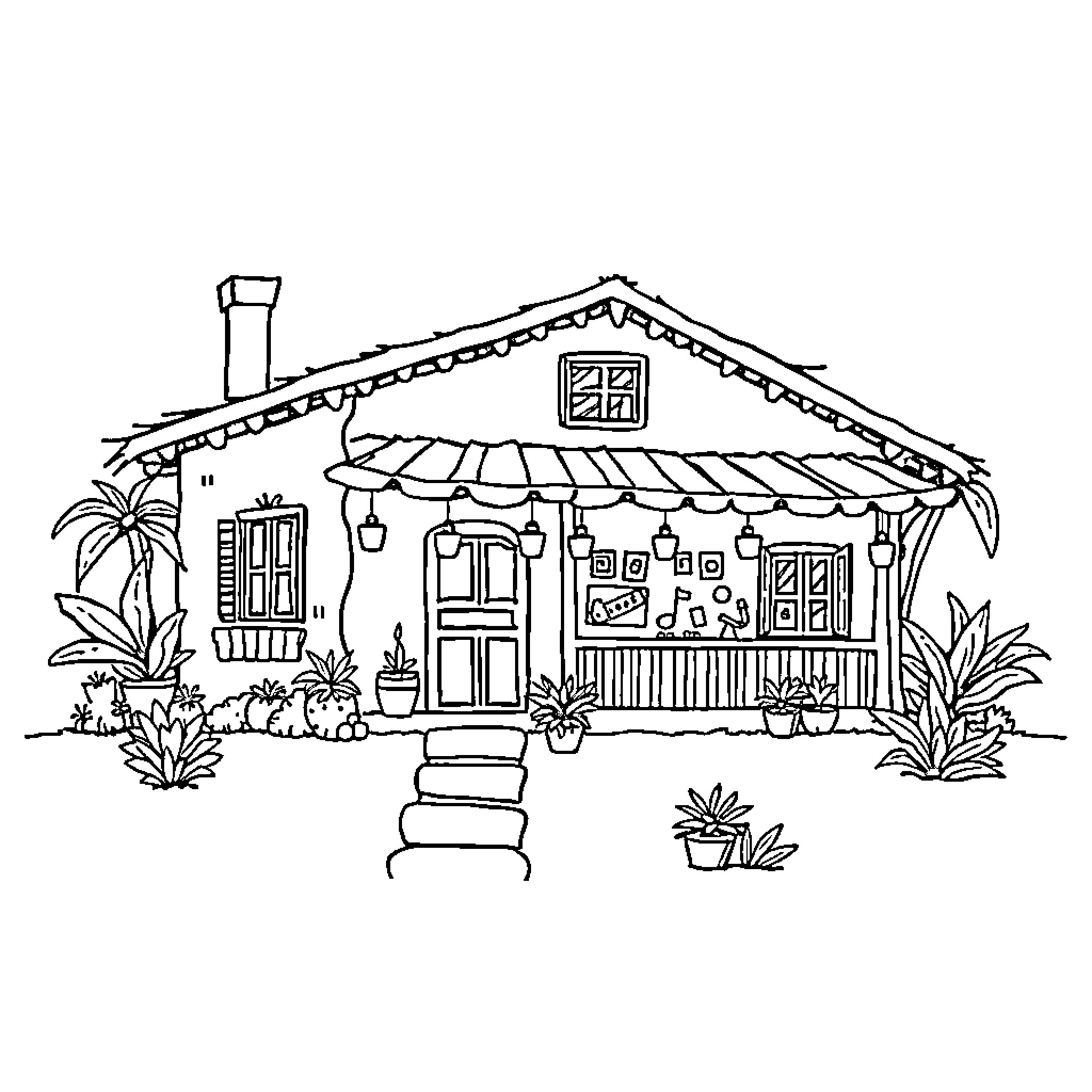 House with thatched roof and tropical plants Coloring Page (free black-and-white line drawing printable PDF for all, from beginners to advanced learners, including children, teens, adults, and seniors)