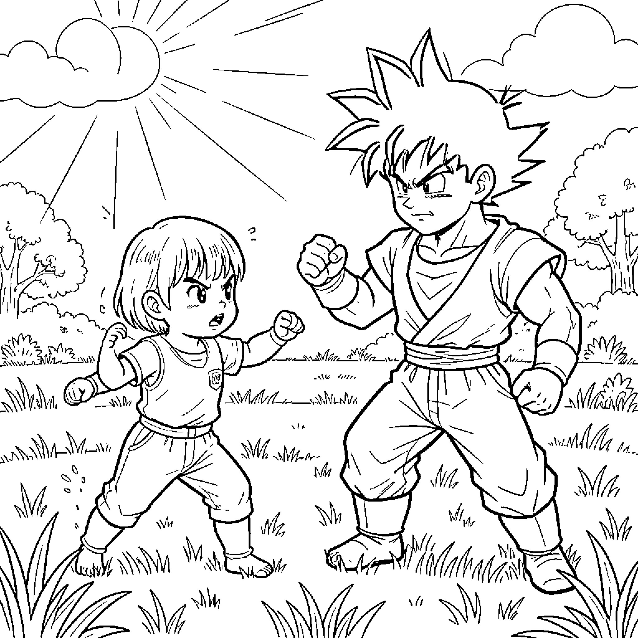 Alita facing off against a powerful warrior in nature Coloring Page (free black-and-white line drawing printable PDF for all, from beginners to advanced learners, including children, teens, adults, and seniors)