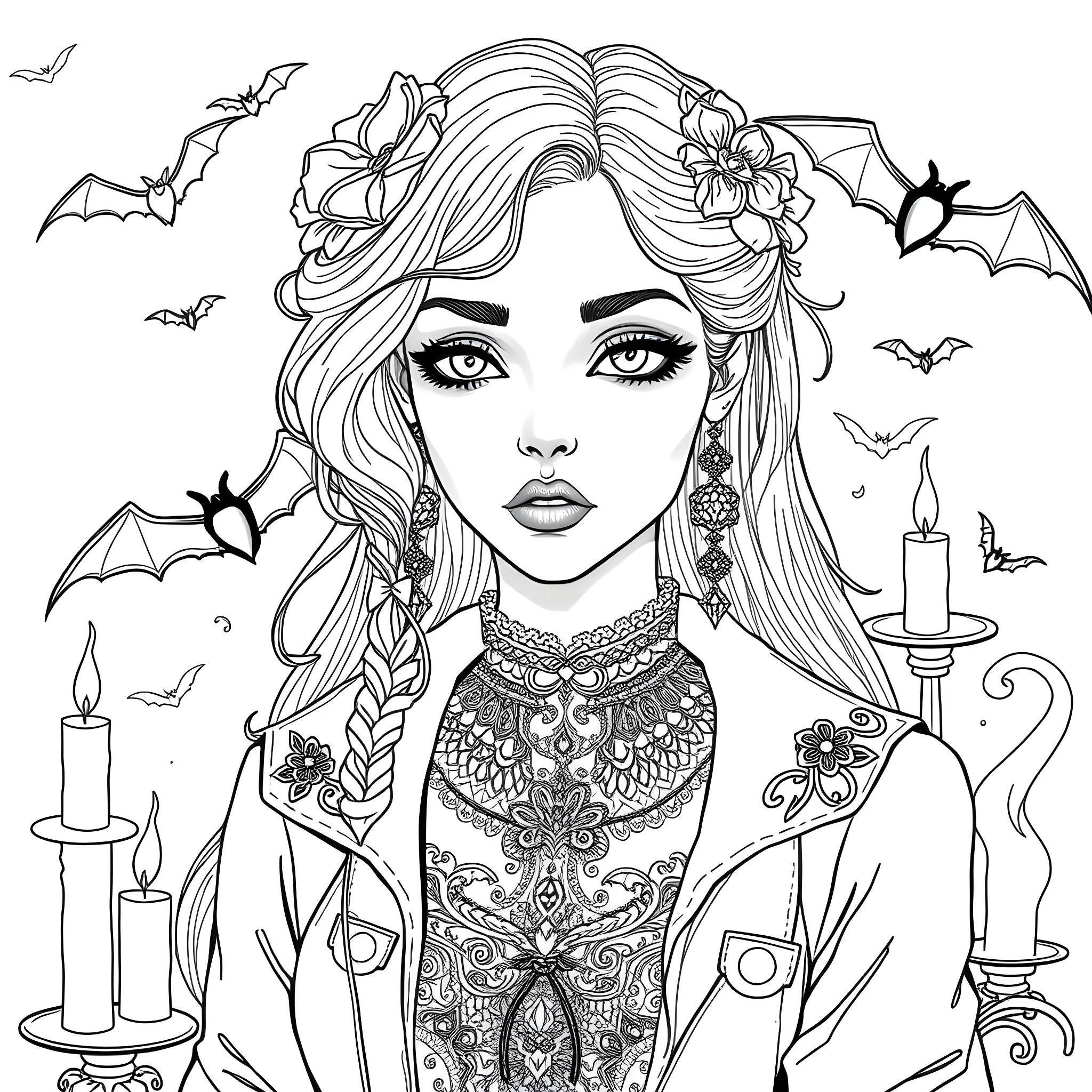 Goth Girl with Intricate Floral Headpiece and Candles Coloring Page (free black-and-white line drawing printable PDF for all, from beginners to advanced learners, including children, teens, adults, and seniors)