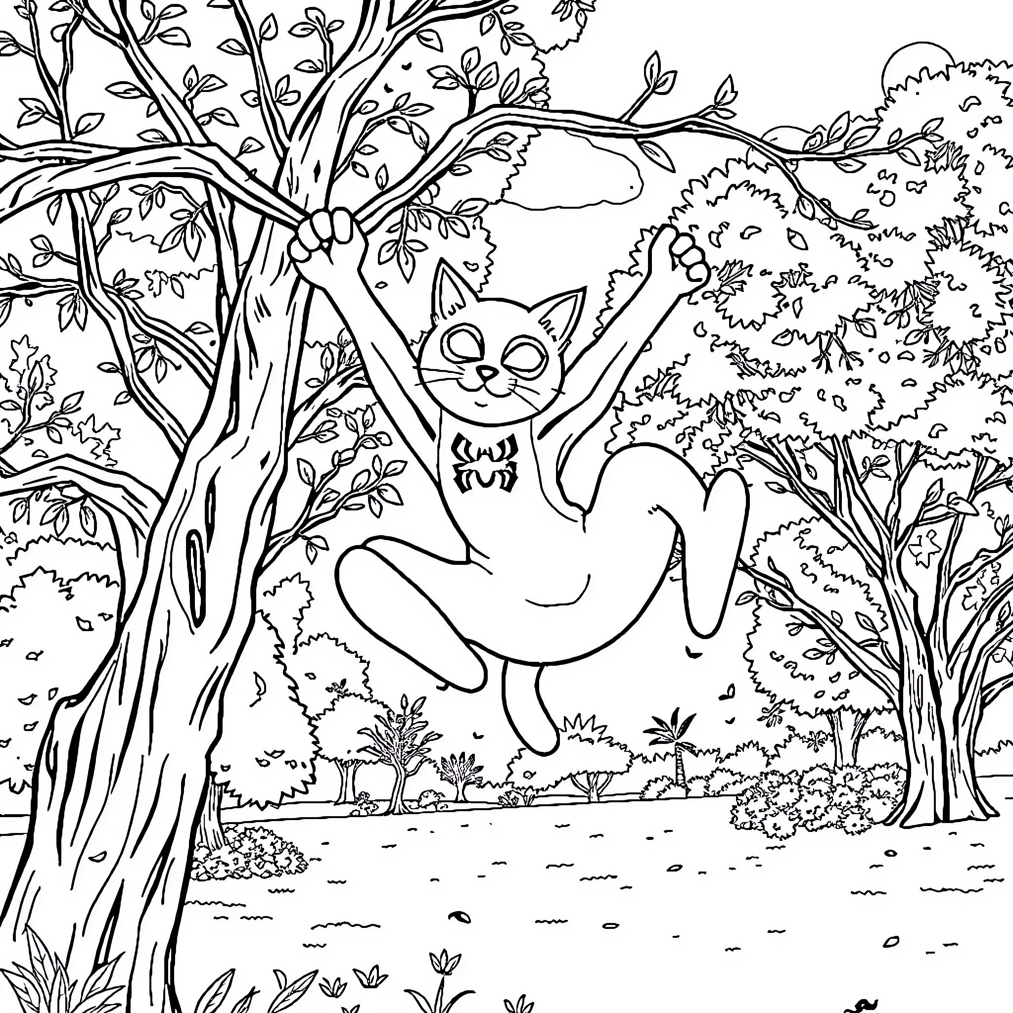 Spiderman Cat Playfully Climbing Tree in Forest Coloring Page (free black-and-white line drawing printable PDF for all, from beginners to advanced learners, including children, teens, adults, and seniors)