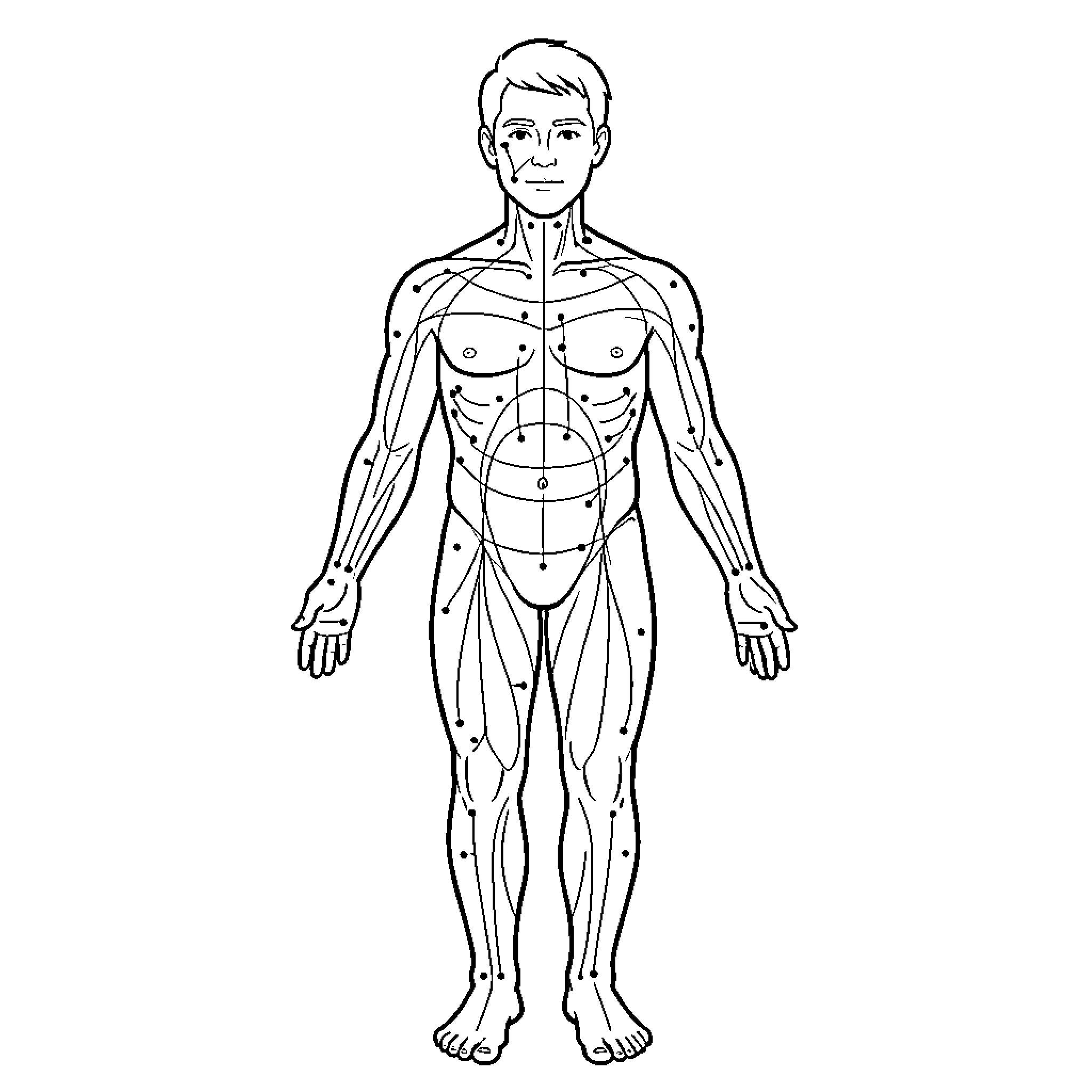 Human Body Anatomy Diagram Coloring Page (free black-and-white line drawing printable PDF for all, from beginners to advanced learners, including children, teens, adults, and seniors)