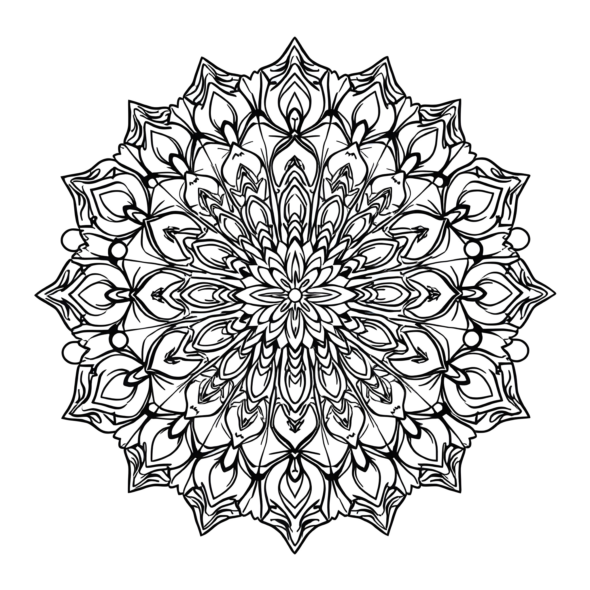Mandala of intricate floral patterns Coloring Page (free black-and-white line drawing printable PDF for all, from beginners to advanced learners, including children, teens, adults, and seniors)