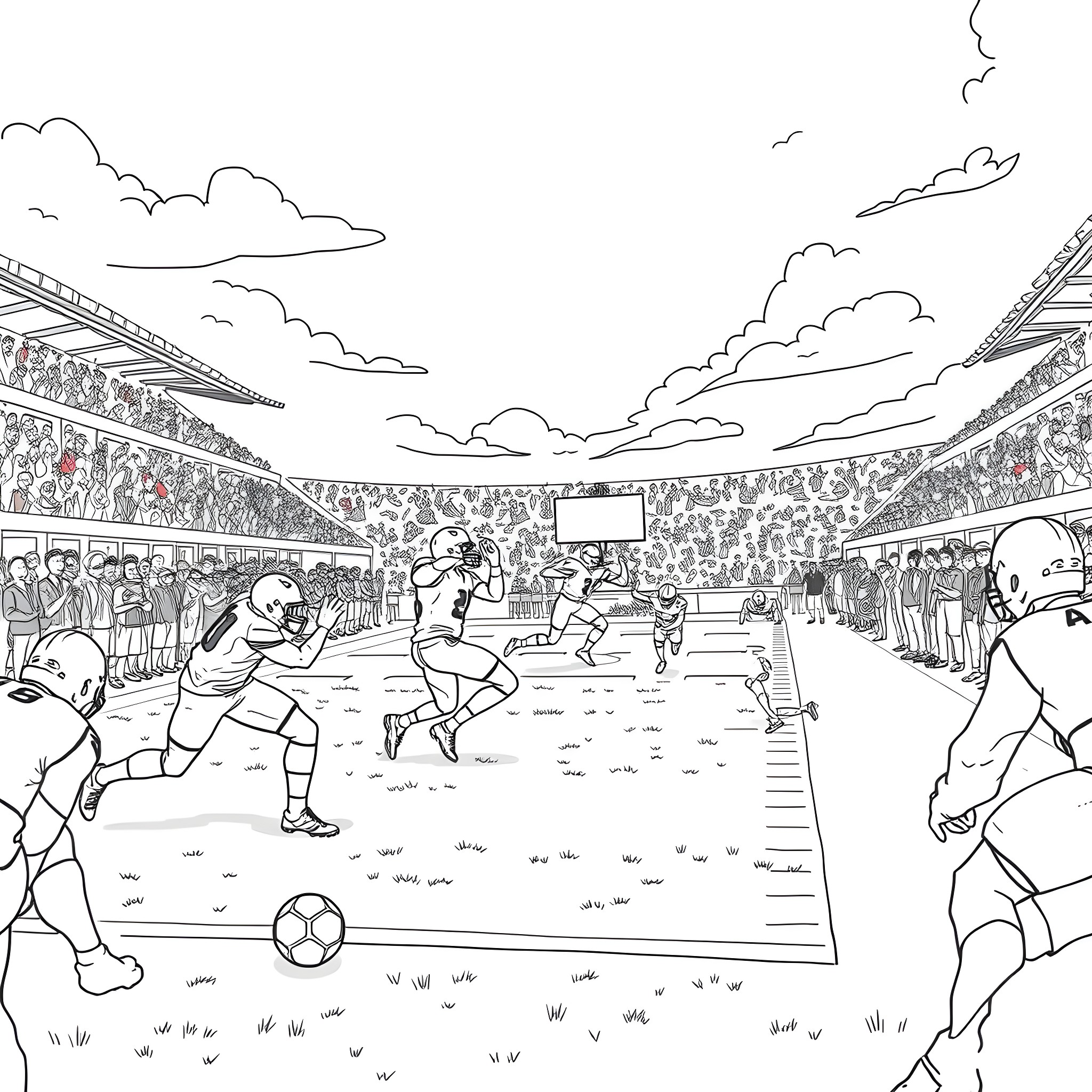 Football Players Competing in an Intense Stadium Match Coloring Page (free black-and-white line drawing printable PDF for all, from beginners to advanced learners, including children, teens, adults, and seniors)