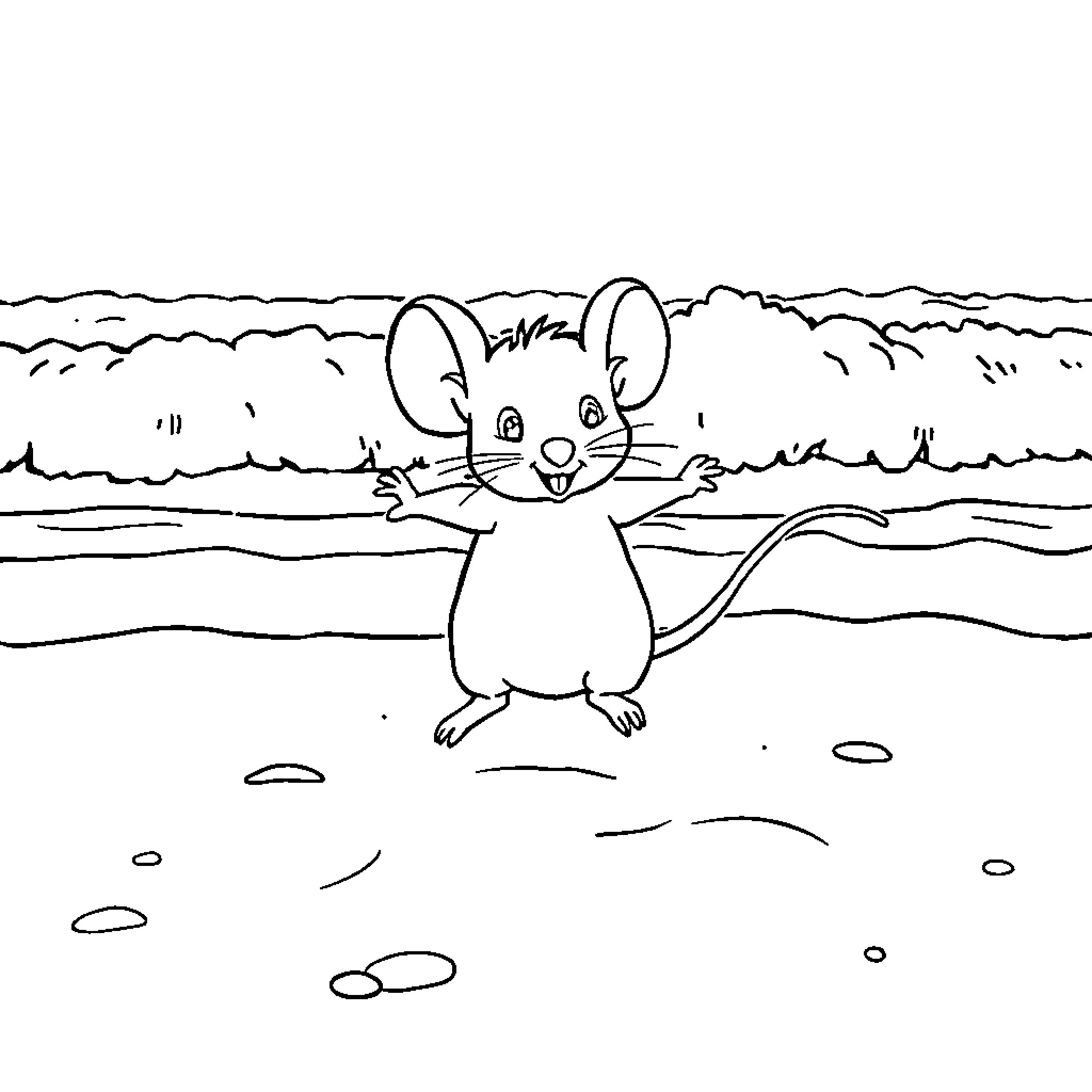 Mouse exploring the outdoor wilderness Coloring Page (free black-and-white line drawing printable PDF for all, from beginners to advanced learners, including children, teens, adults, and seniors)