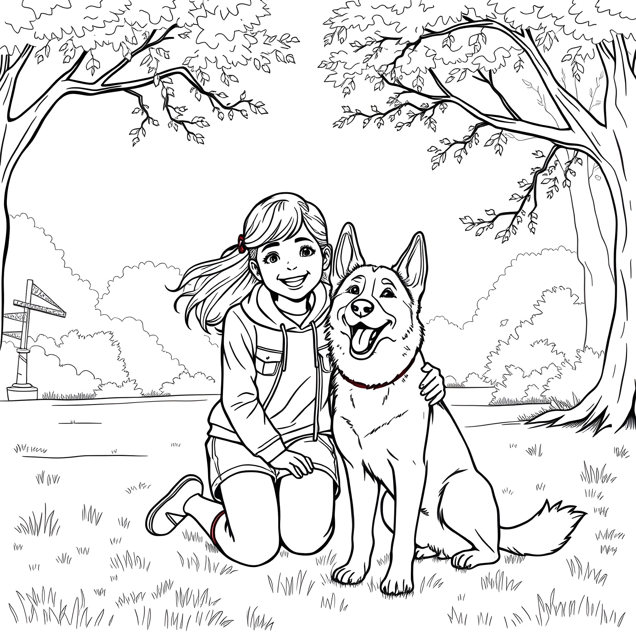 Teen Girl Playing with Her Dog in the Park Coloring Page (free black-and-white line drawing printable PDF for all, from beginners to advanced learners, including children, teens, adults, and seniors)