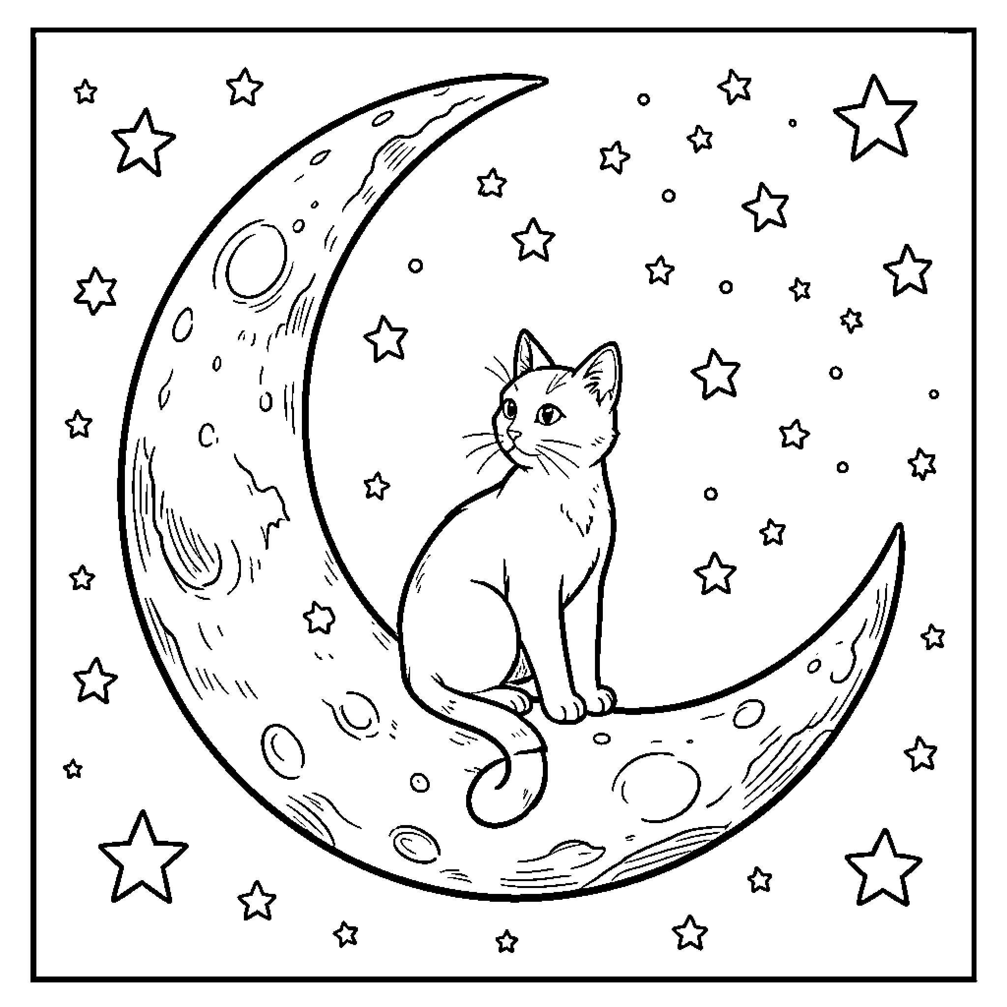 Cat sitting on crescent moon surrounded by stars Coloring Page (free black-and-white line drawing printable PDF for all, from beginners to advanced learners, including children, teens, adults, and seniors)