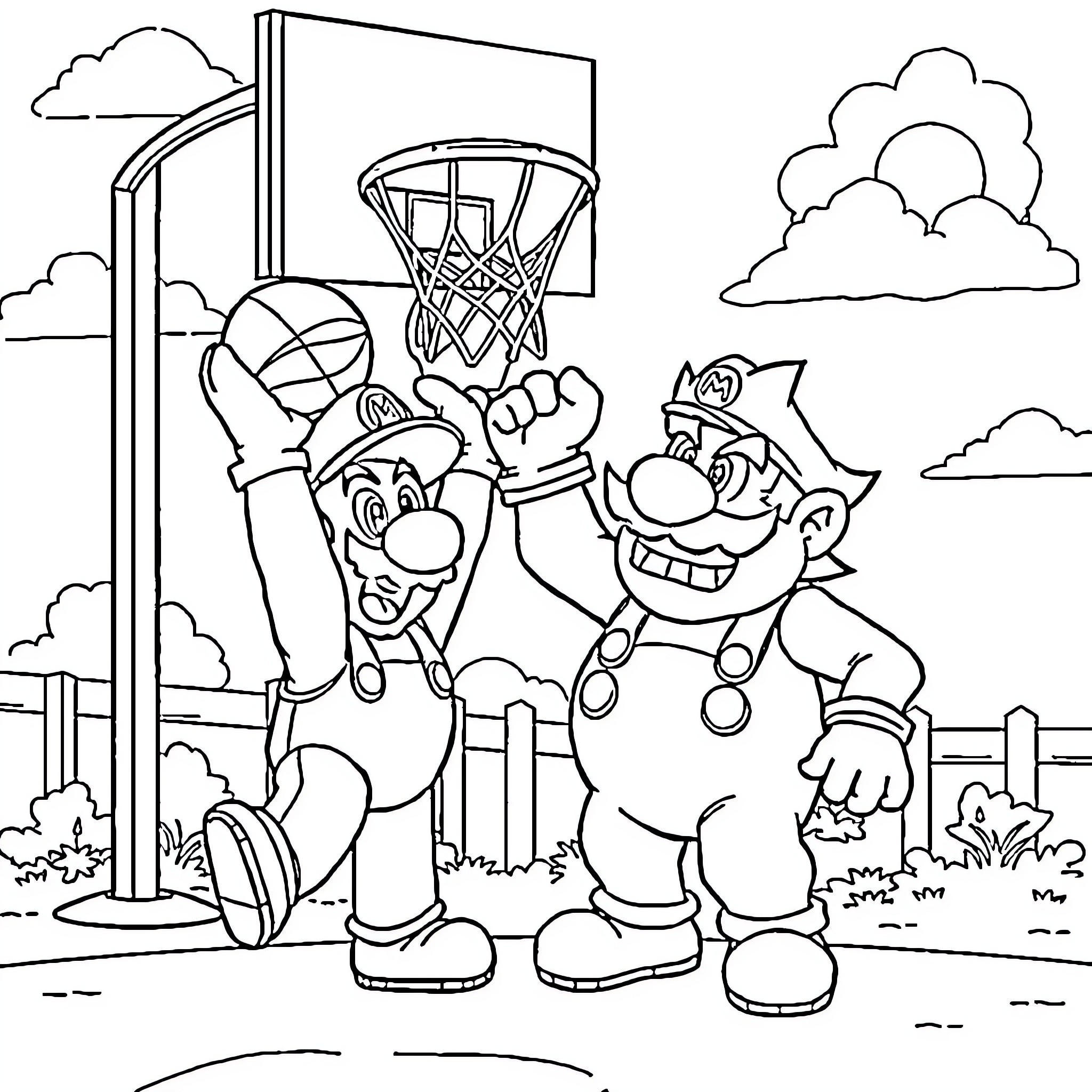 Mario and Luigi Playing Basketball on Court Coloring Page (free black-and-white line drawing printable PDF for all, from beginners to advanced learners, including children, teens, adults, and seniors)