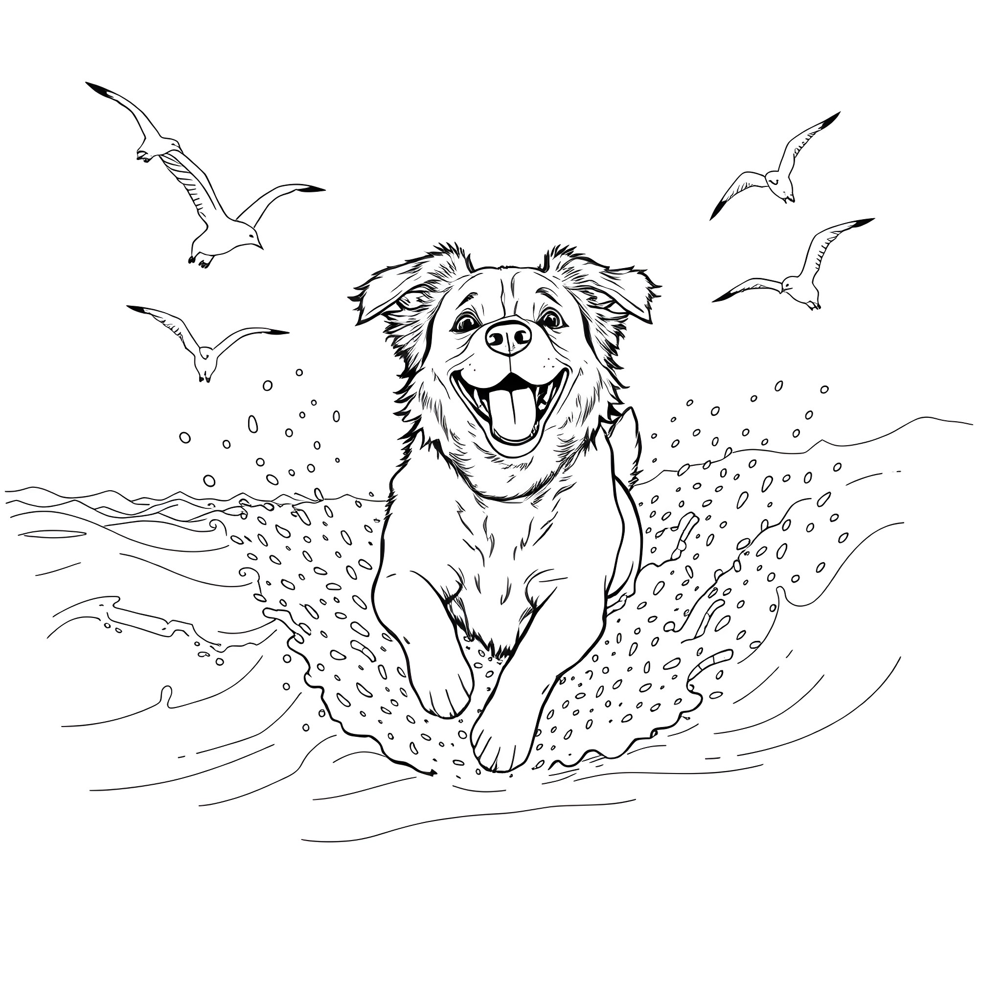 Dog having fun on the beach with seagulls Coloring Page (free black-and-white line drawing printable PDF for all, from beginners to advanced learners, including children, teens, adults, and seniors)